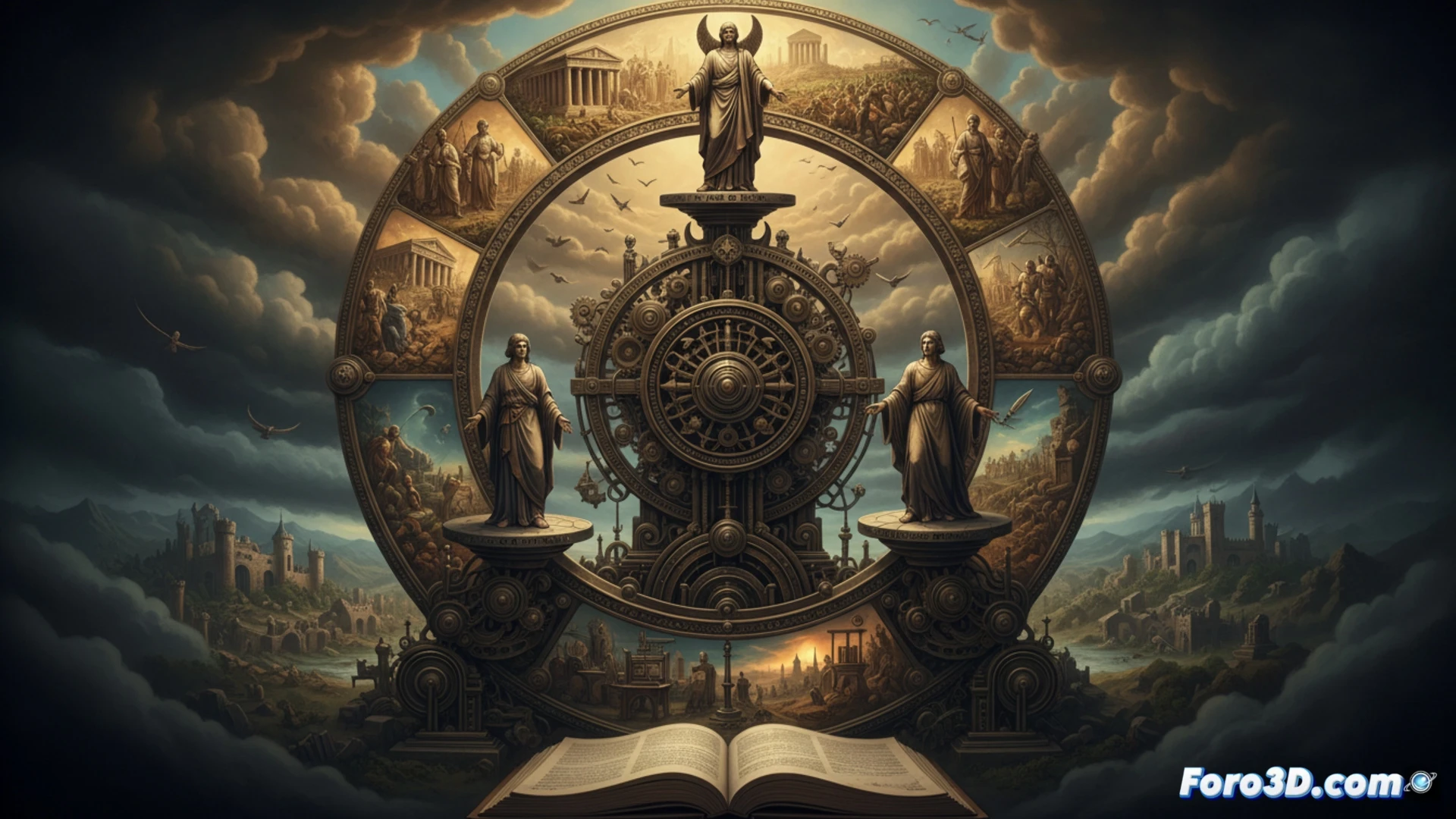 Representacion 3D abstracta de los tres ciclos de Vico entrelazandose, desde formas puras a estructuras complejas que se desintegran.