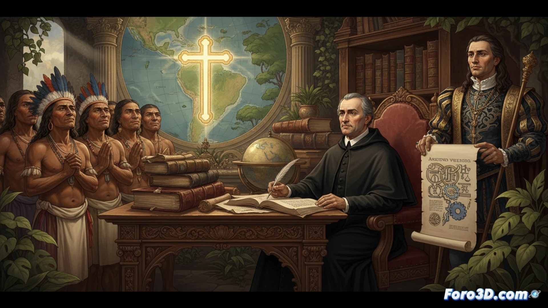 Retrato estilizado del Padre Vieira con elementos de circuitos digitales superpuestos, fusionando el siglo XVII con el activismo moderno.