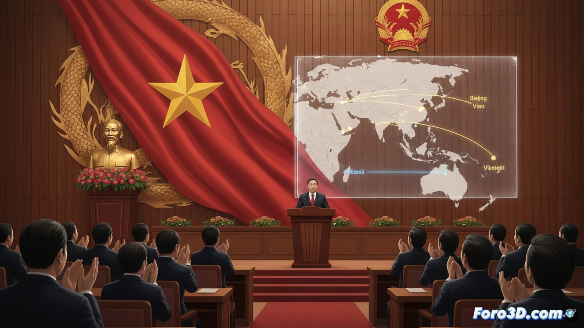 Retrato oficial de To Lam, nuevo presidente de Vietnam, con bandera del partido y del país de fondo.