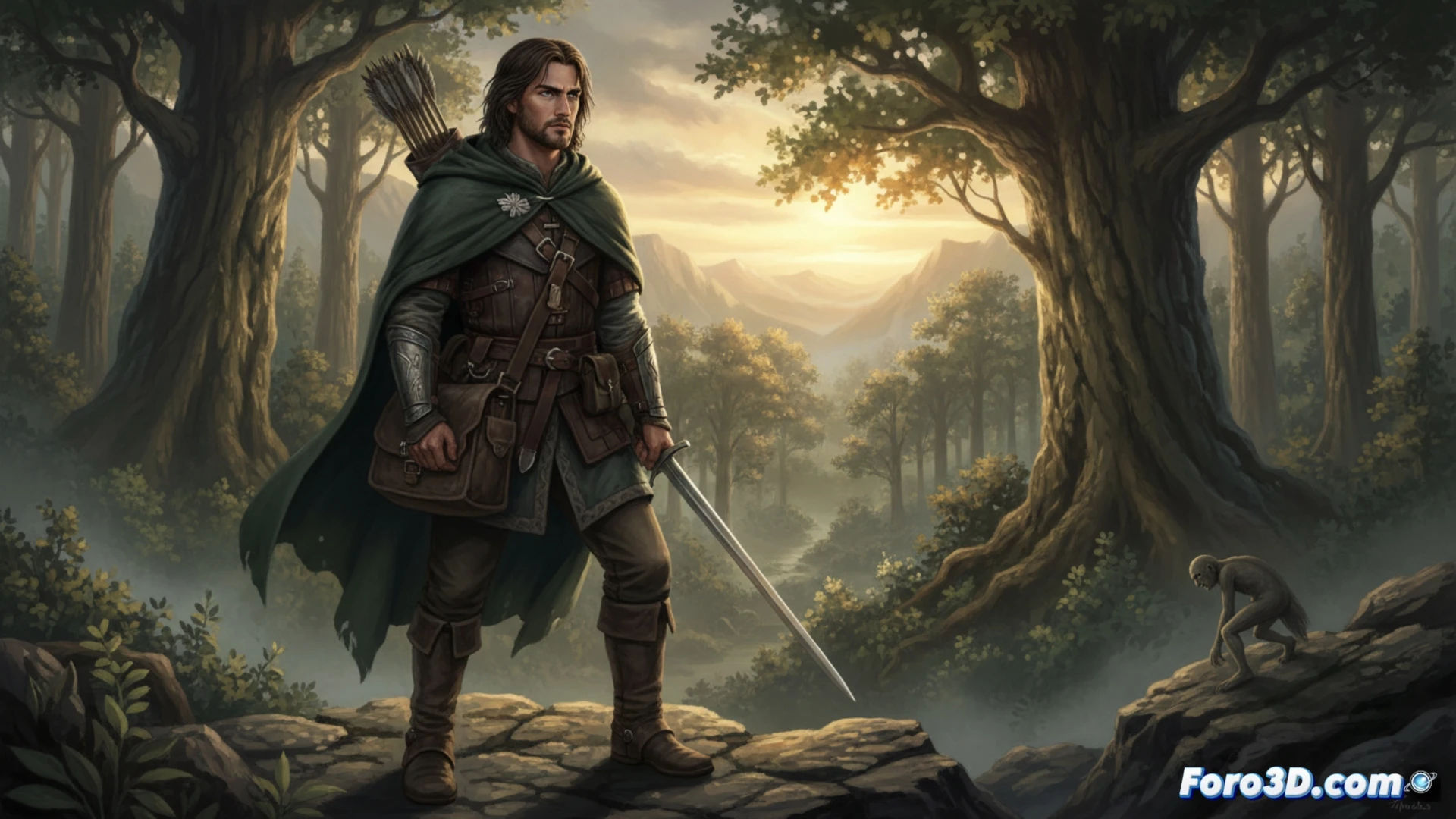 Un actor más joven, con mirada intensa y atuendo de viajero, sostiene la espada Narsil rehecha en una cueva tenue, buscando a Gollum.