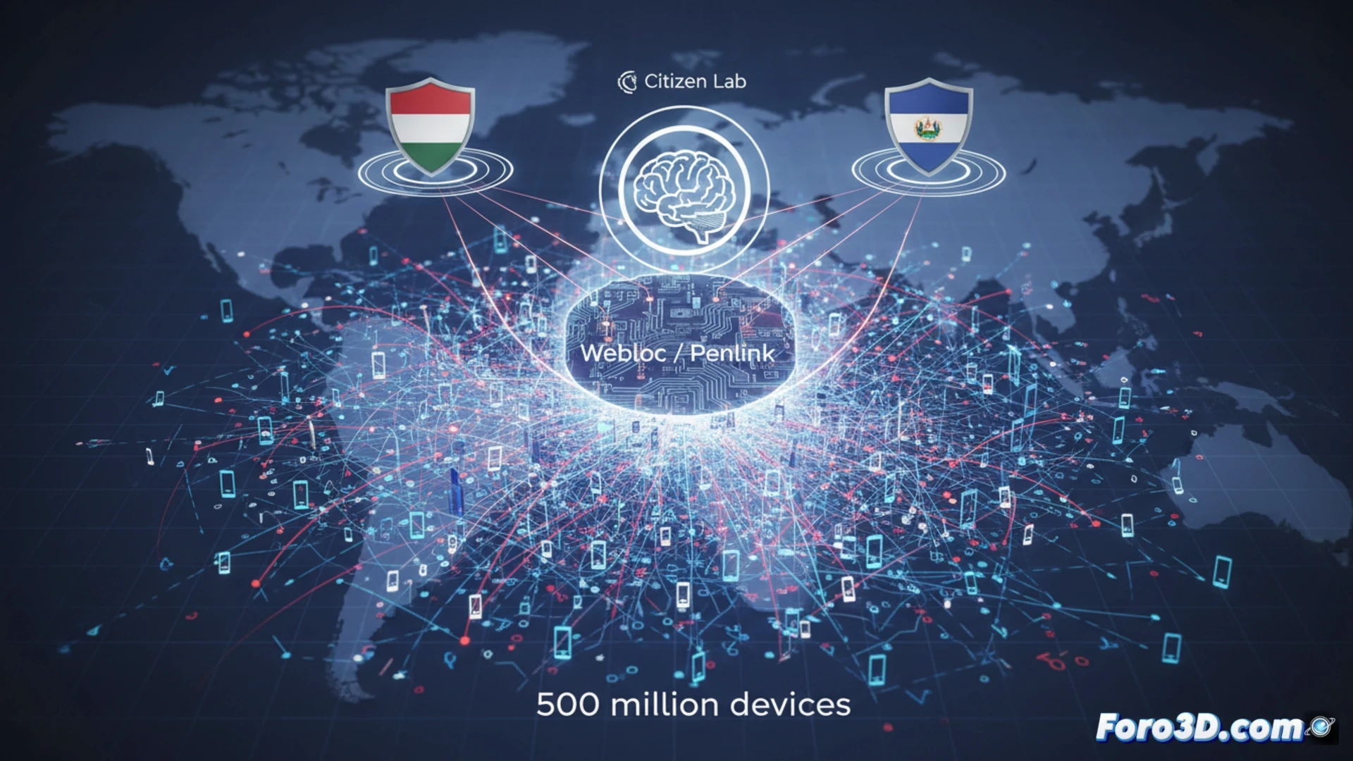 Una pantalla muestra un mapa mundial con miles de puntos brillantes de rastreo conectando países.