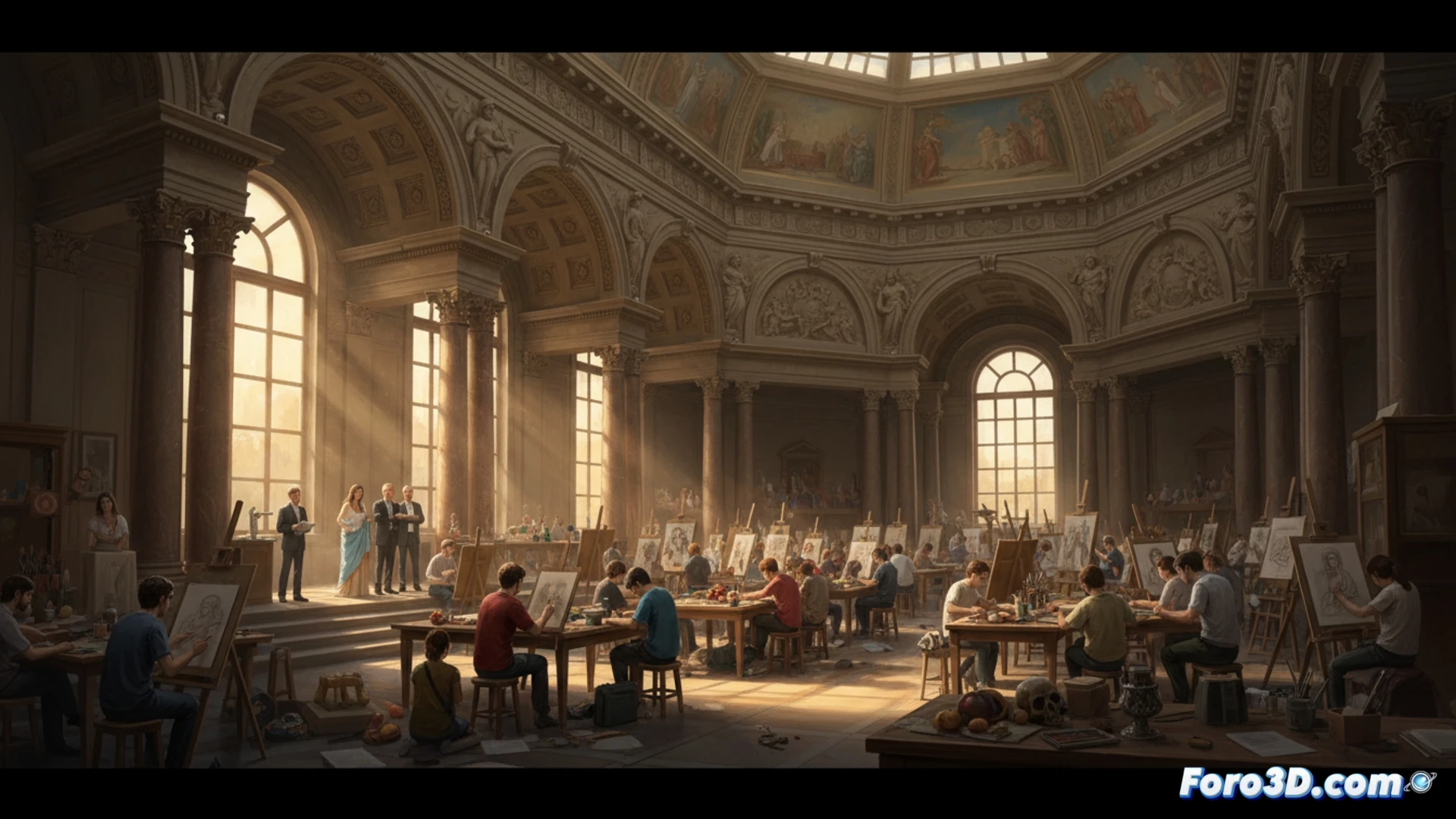 Una multitud de participantes dibujando en un luminoso patio de la facultad, rodeados de caballetes y obras.