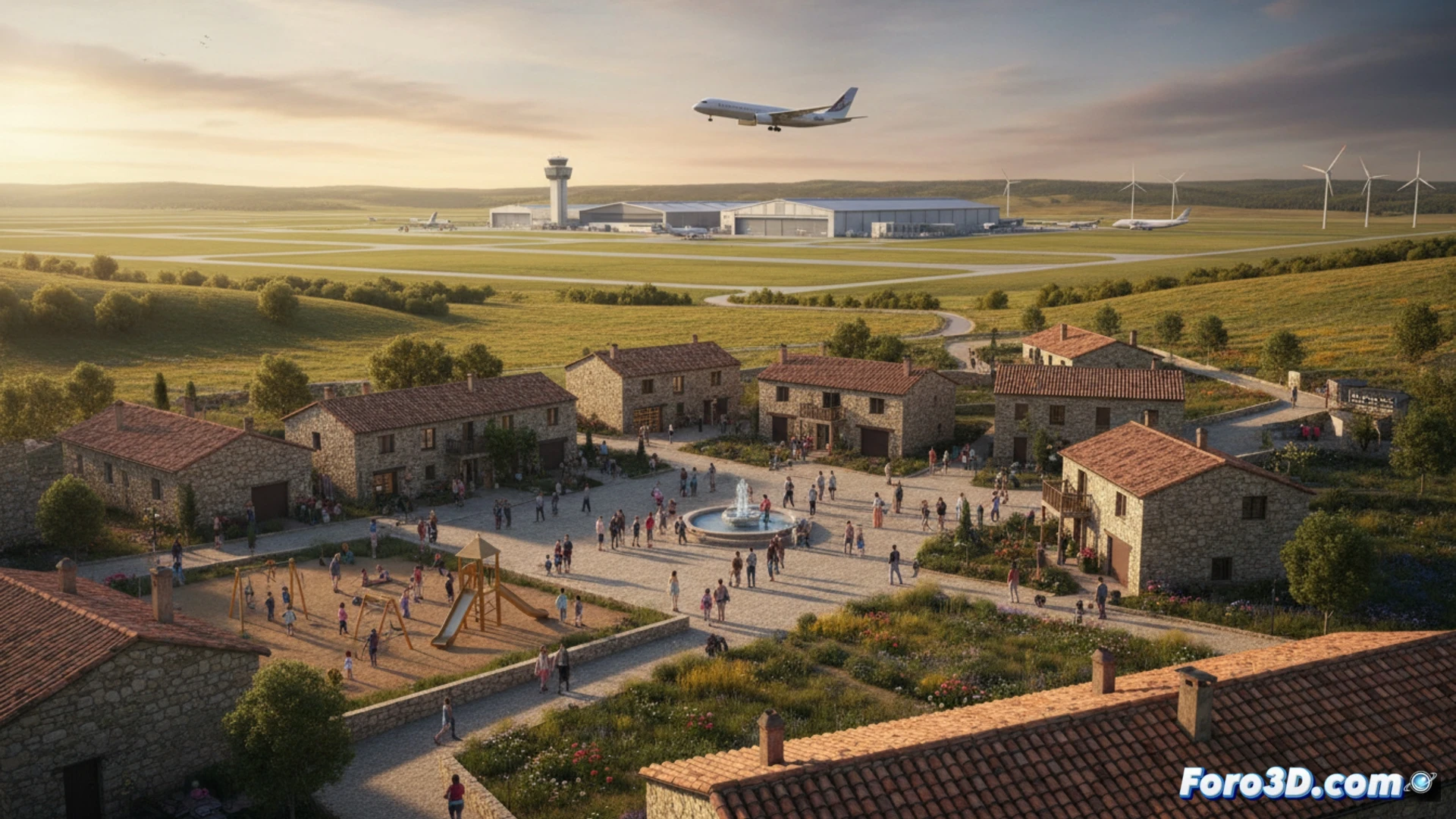 Una imagen que muestra el aeropuerto de Teruel al fondo, con aviones estacionados y hangares modernos. En primer plano, una familia joven camina por una calle de Villarquemado, con niños y bicicletas, mientras casas tradicionales y carteles de bienvenida contrastan con la pista de aterrizaje. El cielo está despejado, sugiriendo un futuro próspero.