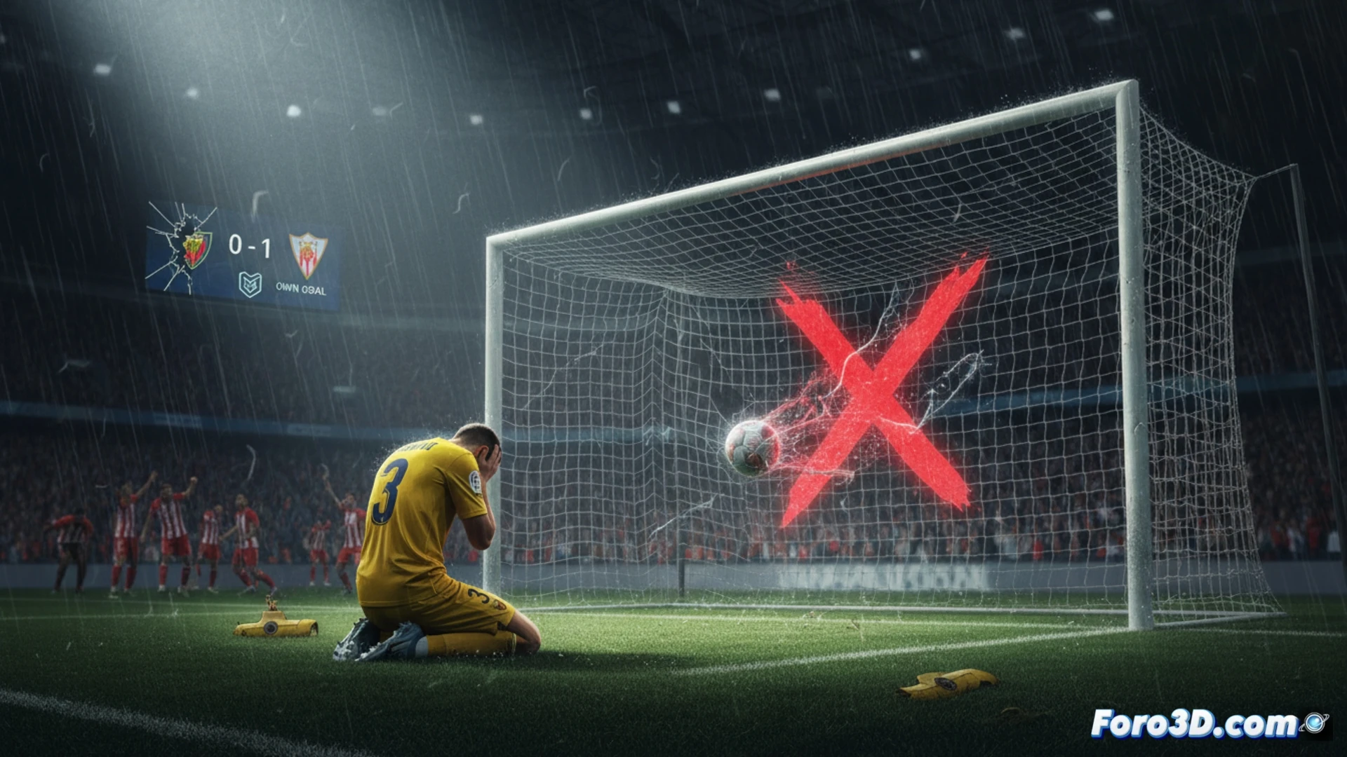 Un jugador del Villarreal, con gesto de frustración, mira la pelota en su red tras un gol en propia puerta.