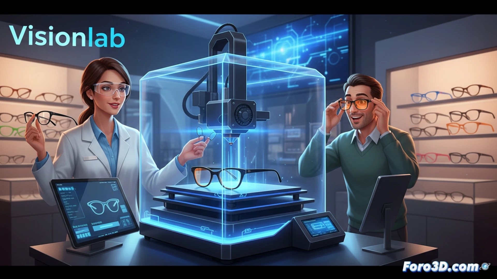 Descripción para imagen (98 caracteres):  
Taller óptico con impresora 3D creando montura personalizada en sesenta minutos, ajustada al rostro del cliente.