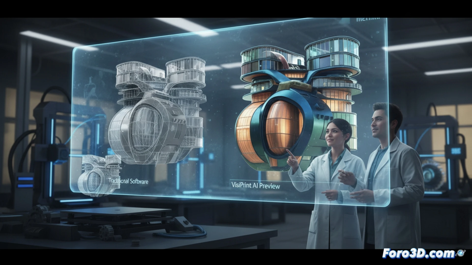 Una impresora 3D fabrica un cubo multicolor, junto a su previsualización fotorrealista generada por IA en una pantalla.