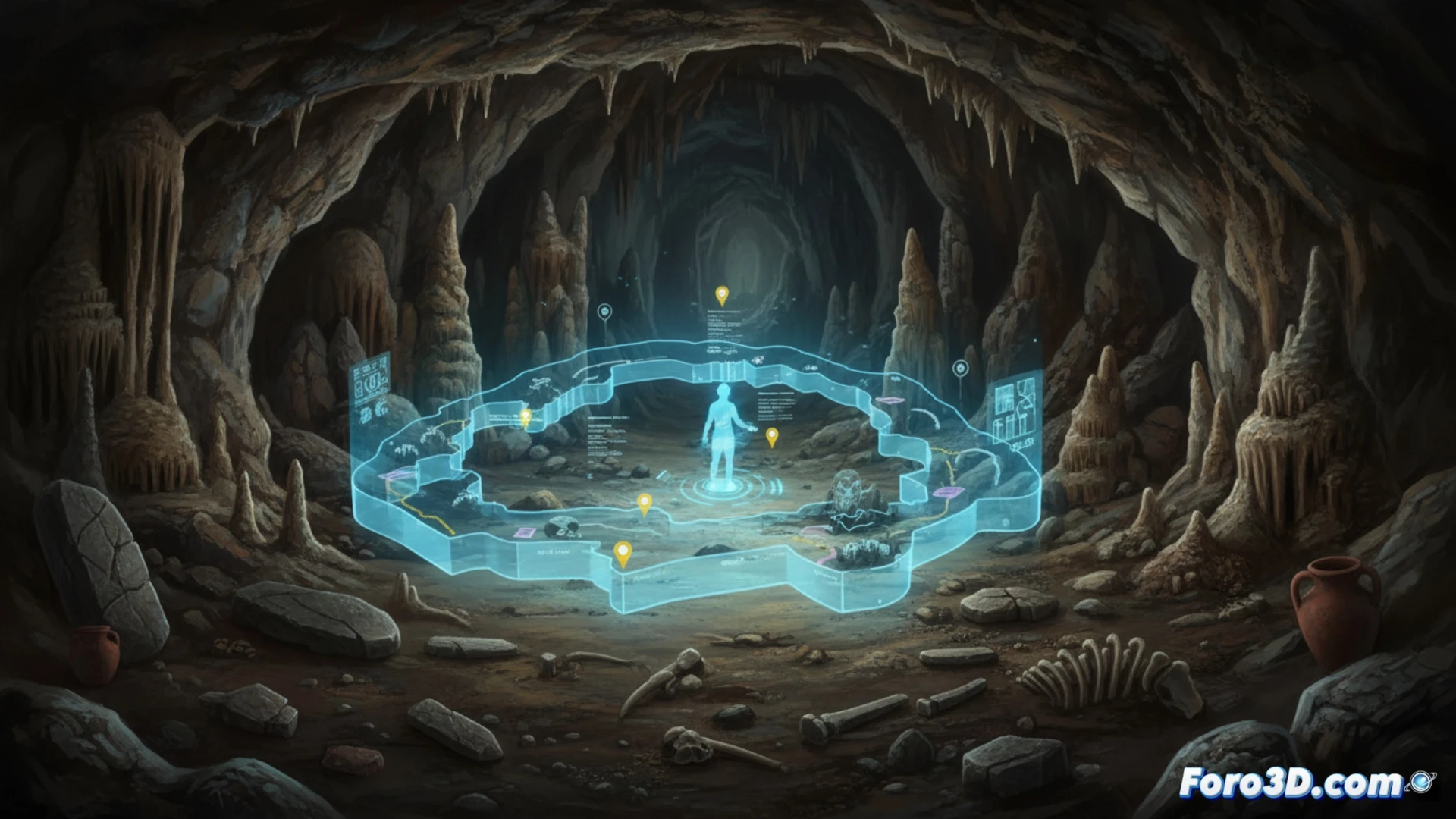 Vista en 3D del interior de la Cueva del Angel, mostrando estratos geologicos y herramientas prehistoricas digitalizadas.