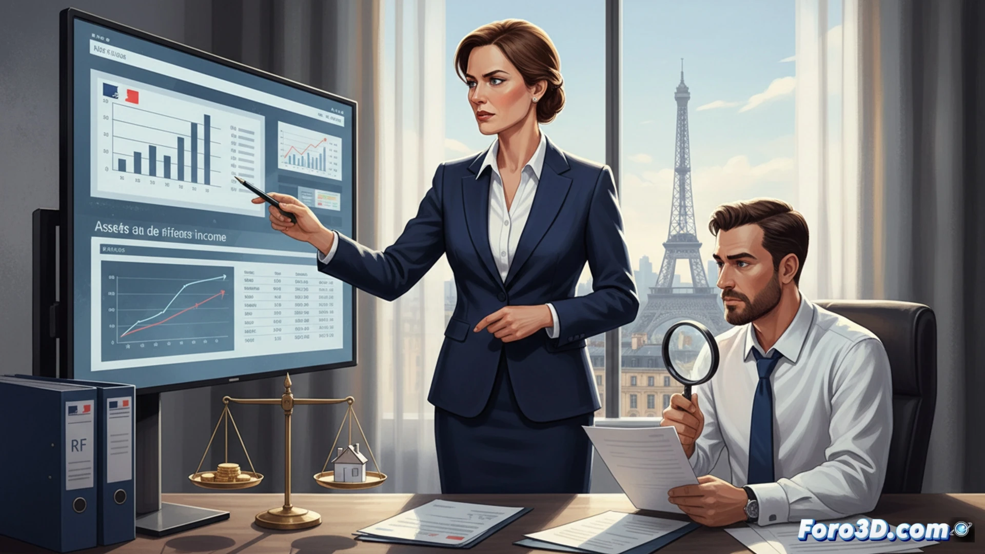 Un globo terráqueo 3D transparente muestra edificios de distintos tamaños emergiendo de su superficie, con gráficos de barras y porcentajes flotando alrededor.