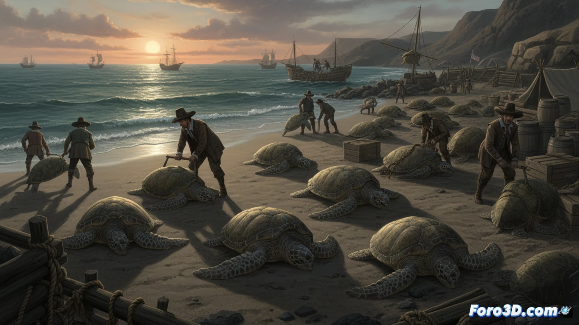 Tortuga verde Chelonia mydas en playa de isla Ascensión, modelo 3D de recuperación poblacional con gráficos interactivos