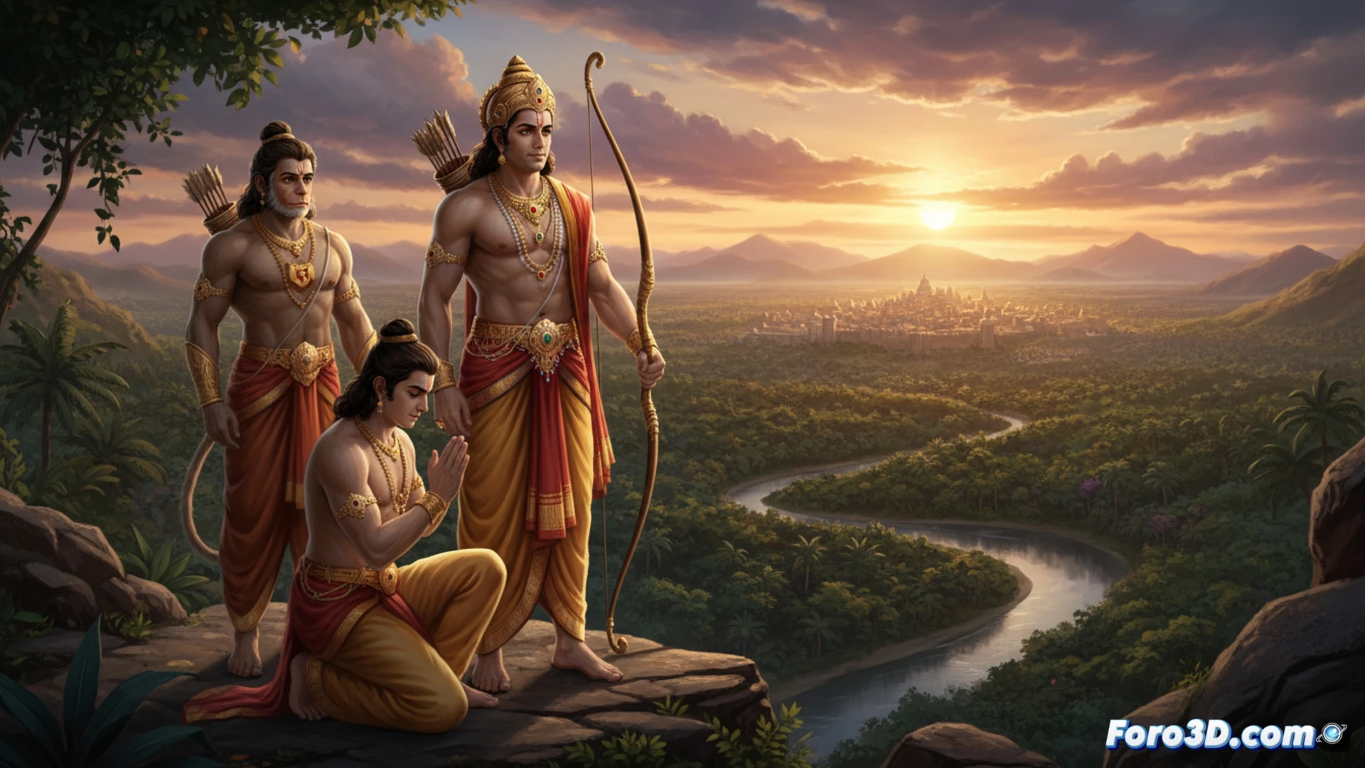 Mapa 3D interactivo mostrando el viaje de Rama desde Ayodhya hasta Lanka, con rutas y lugares clave de la epopeya.