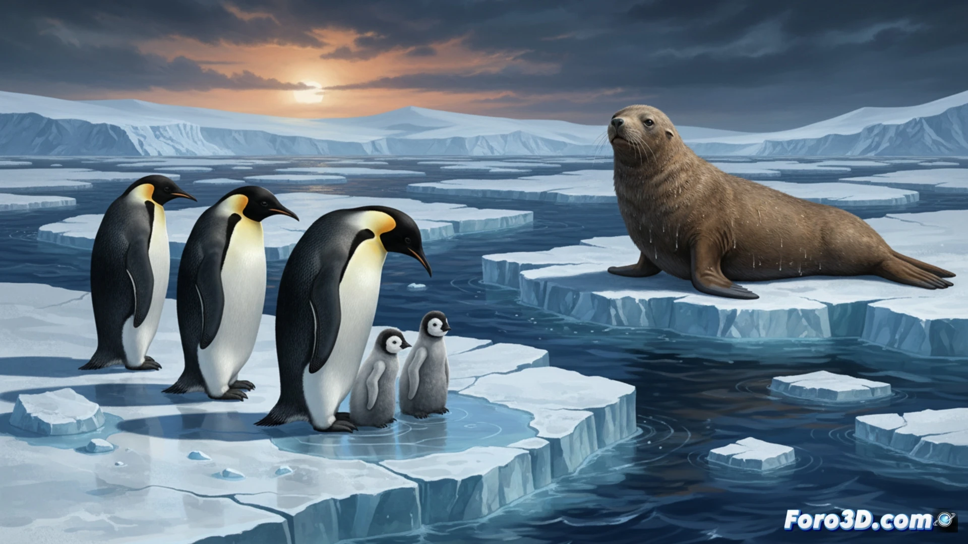 Un pingüino emperador aislado sobre una plataforma de hielo que se reduce, con gráficos 3D superpuestos mostrando el declive de la población.