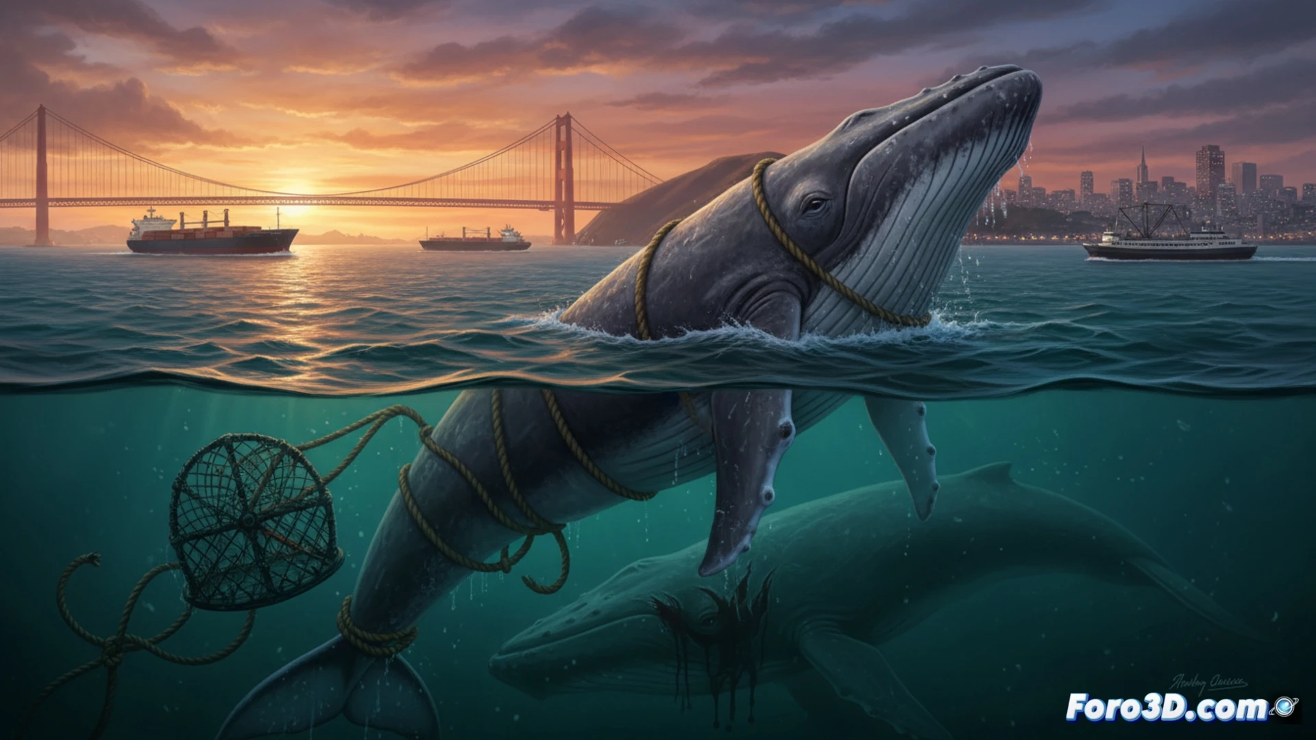 Modelo 3D de una ballena gris navegando por la bahía de San Francisco, con capas de datos de tráfico marítimo y rutas de alimentación superpuestas.