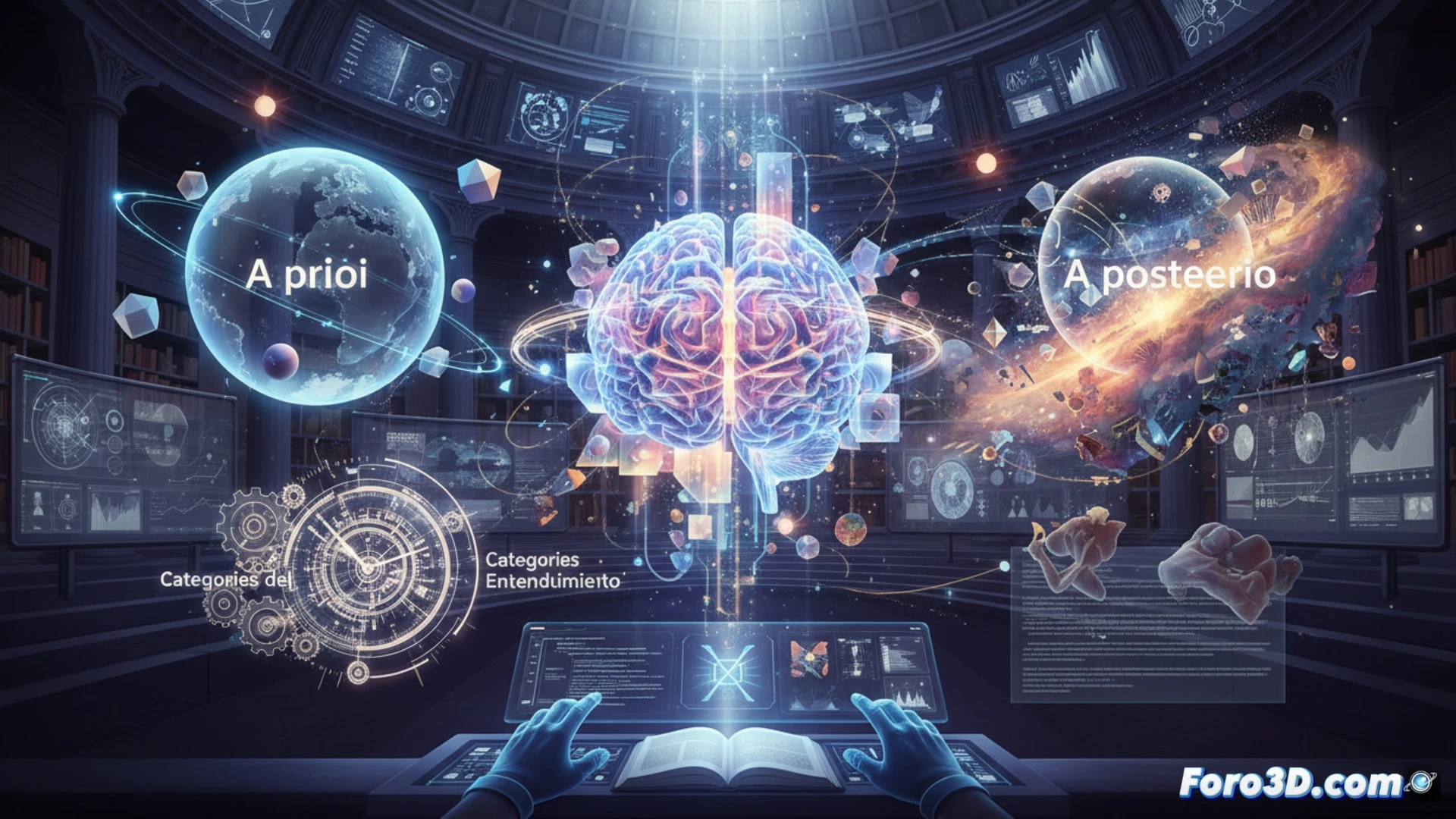 Modelo 3D interactivo de los conceptos a priori y a posteriori de Kant, mostrando su relacion en el conocimiento.