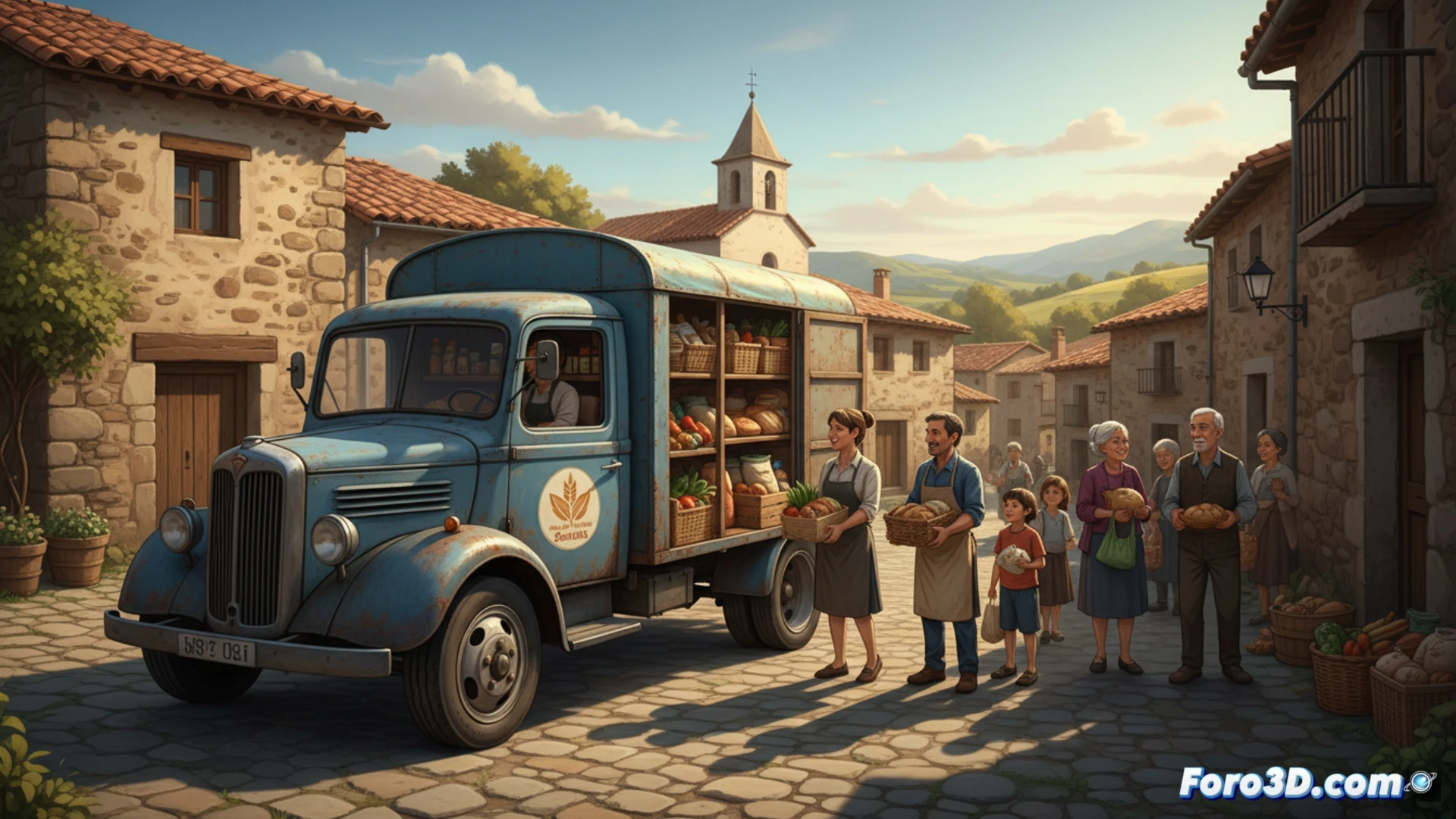 Mapa 3D de un pueblo aislado, mostrando la distancia a supermercados y la ruta de un servicio de reparto de alimentos.