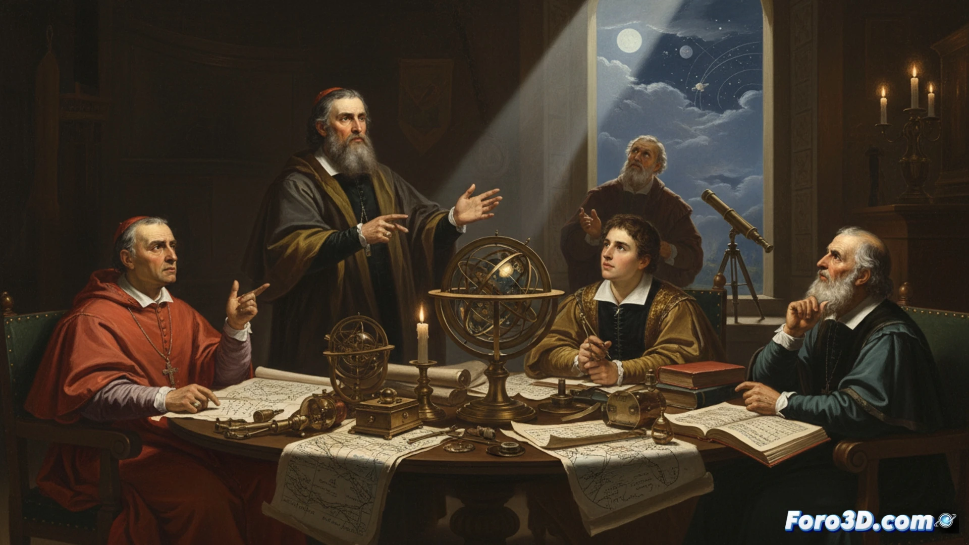 Representacion 3D comparativa del sistema geocentrico ptolemaico y el heliocentrico copernicano defendido por Galileo.