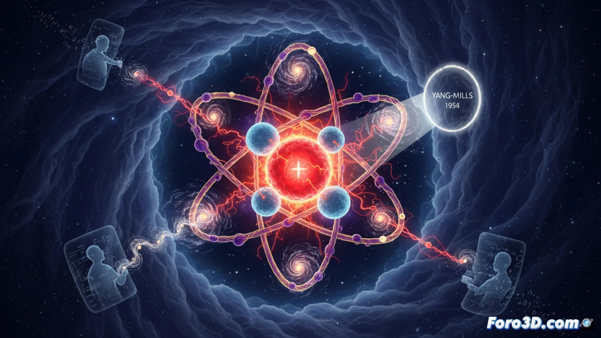 Representación 3D de gluones, las partículas mediadoras, formando un campo de fuerza que mantiene unidos a los quarks dentro de un protón.
