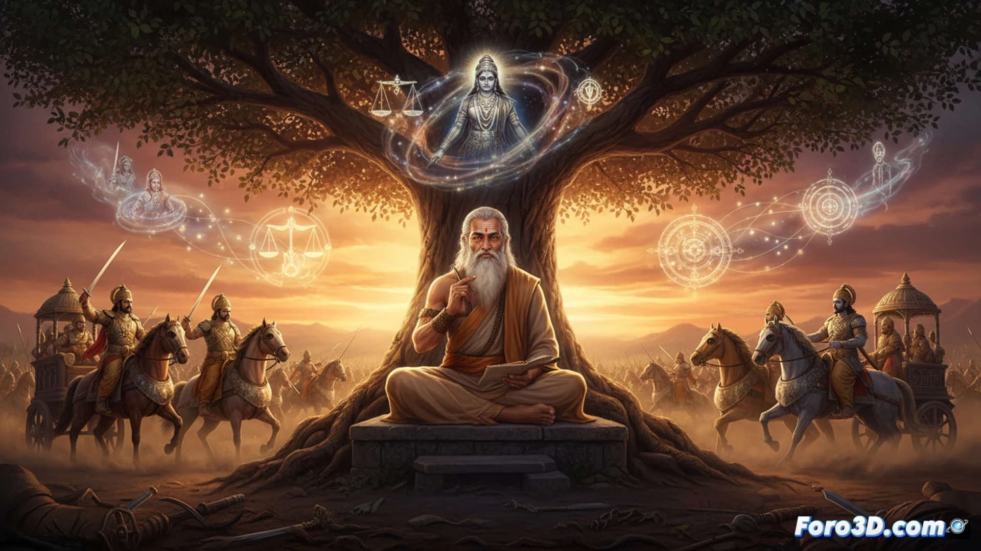 Un diagrama 3D de un árbol genealógico complejo y colorido, con nodos que representan personajes del Mahabharata y líneas entrelazadas.