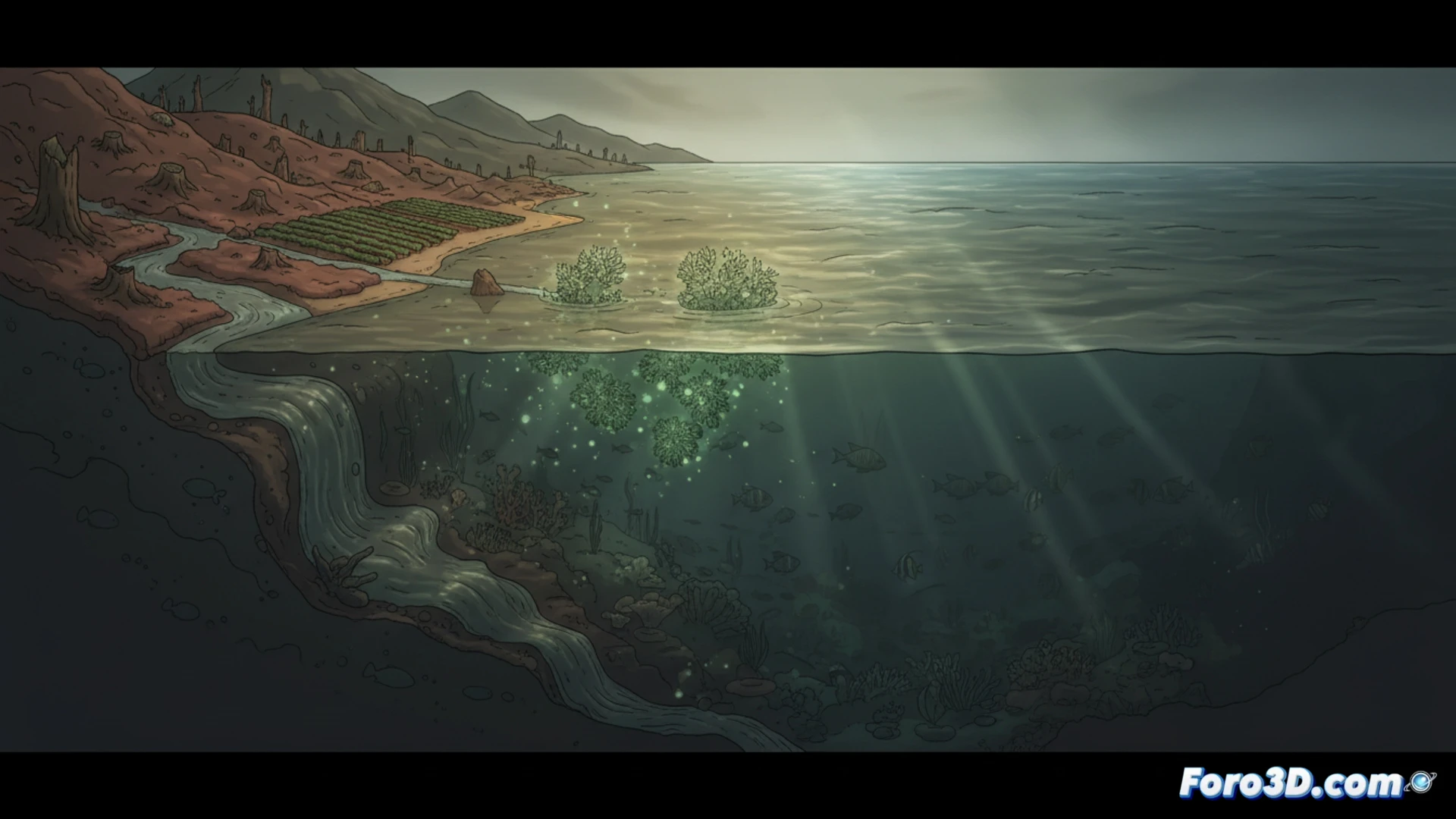 Representacion volumetrica 3D de la opacidad del oceano, mostrando zonas costeras mas oscuras debido al aporte de sedimentos continentales.