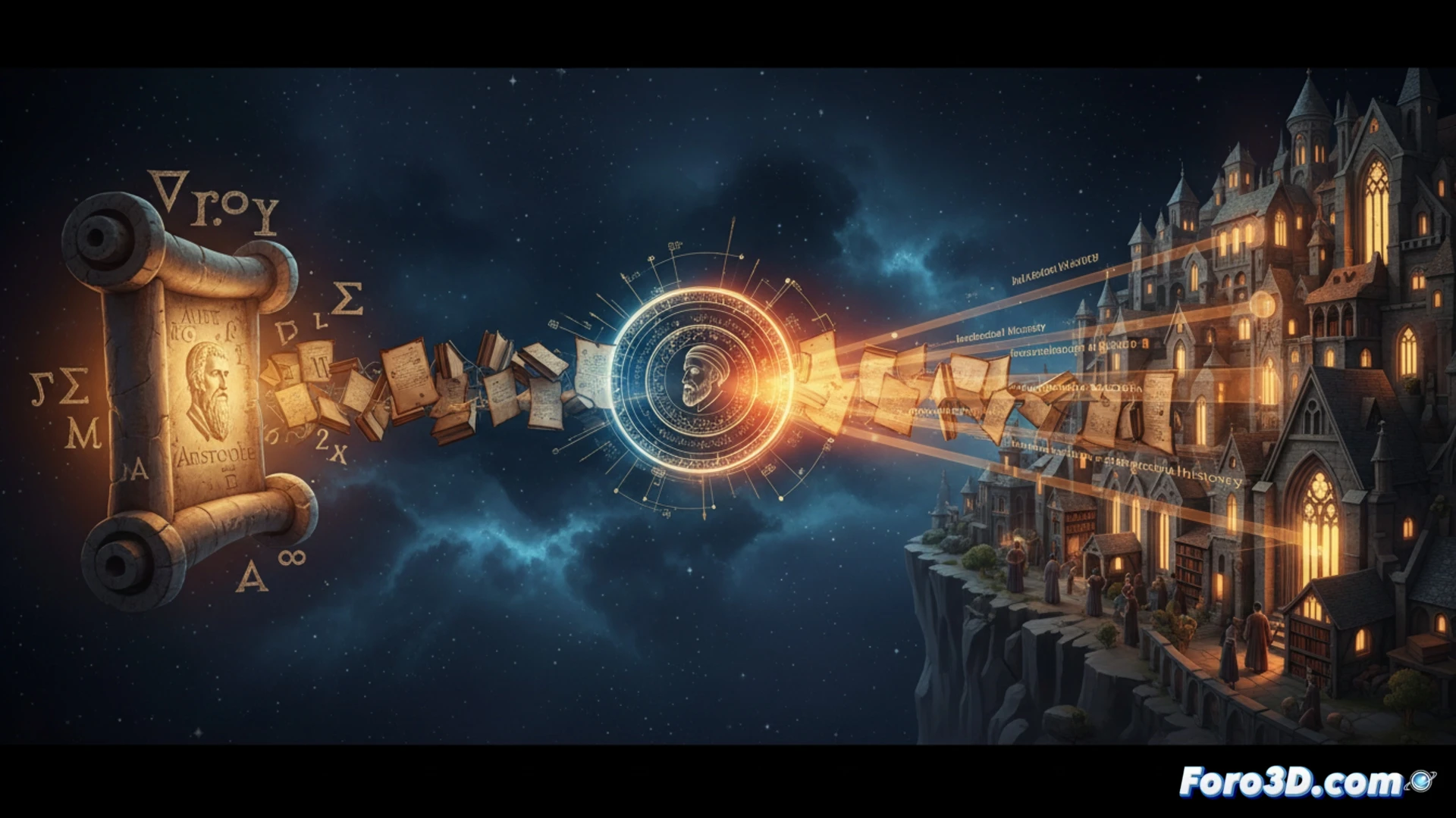 Red de nodos y conexiones brillantes que unen bustos de Aristóteles y Averroes a través de un puente de luz sobre un mapa antiguo.