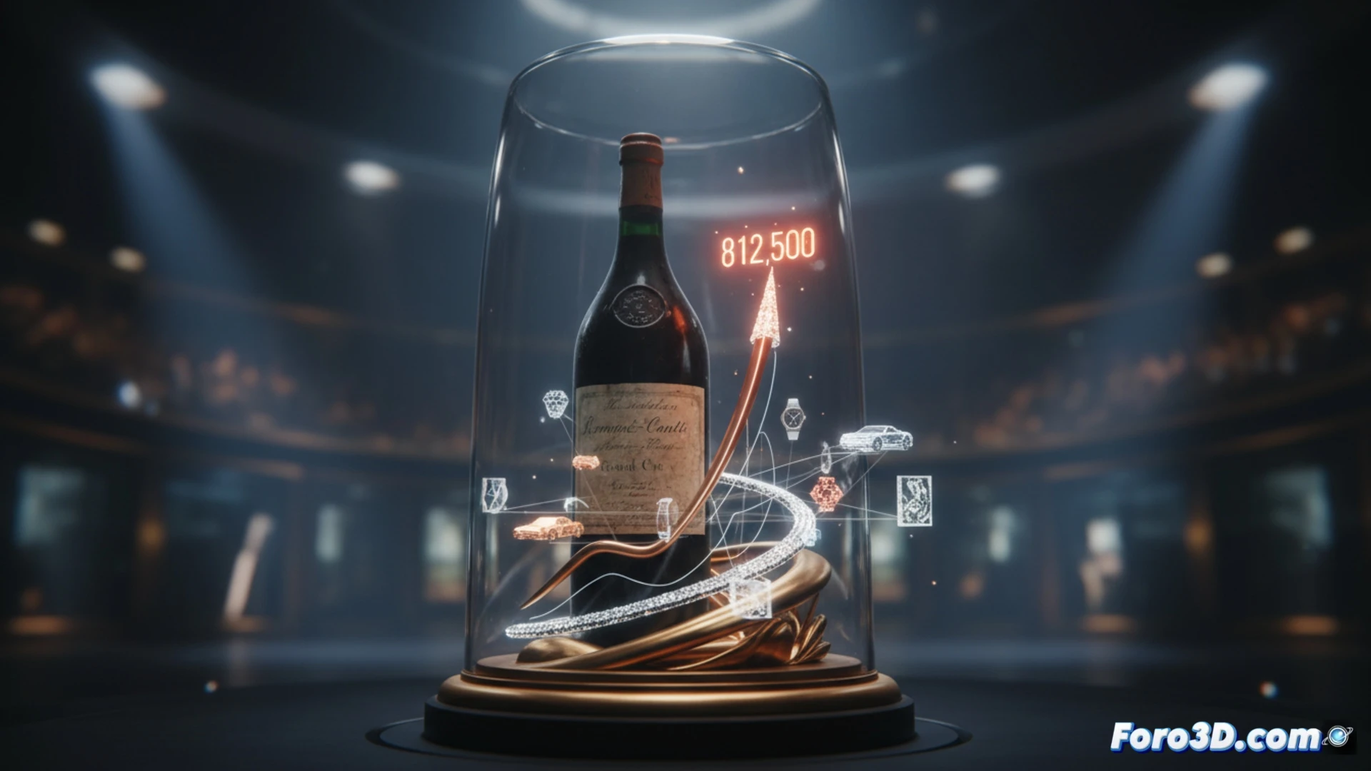 Botella de vino récord en subasta, con gráfico 3D de su valor ascendente en espiral sobre fondo de sala de pujas.
