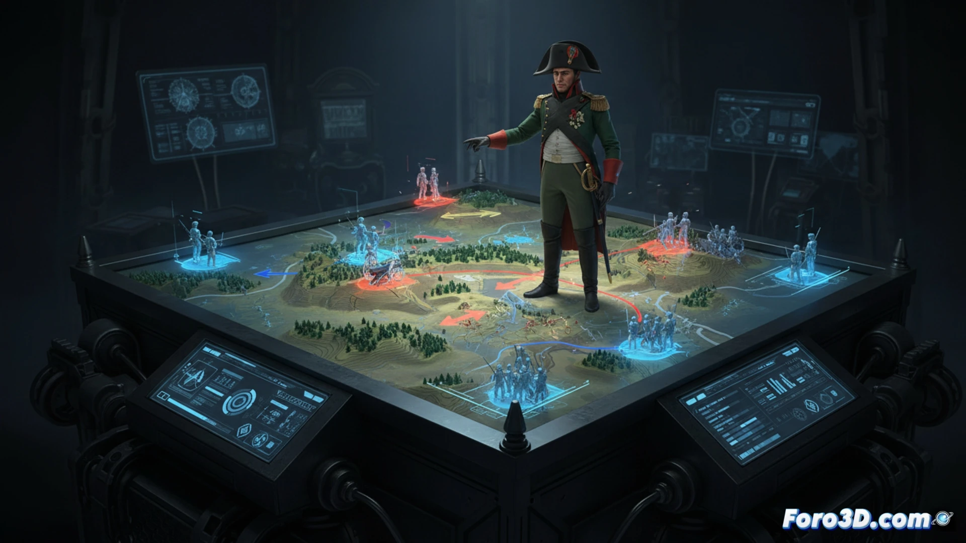 Reconstrucción 3D de la batalla de Borodinó basada en datos de la novela Guerra y Paz, mostrando movimientos de tropas.