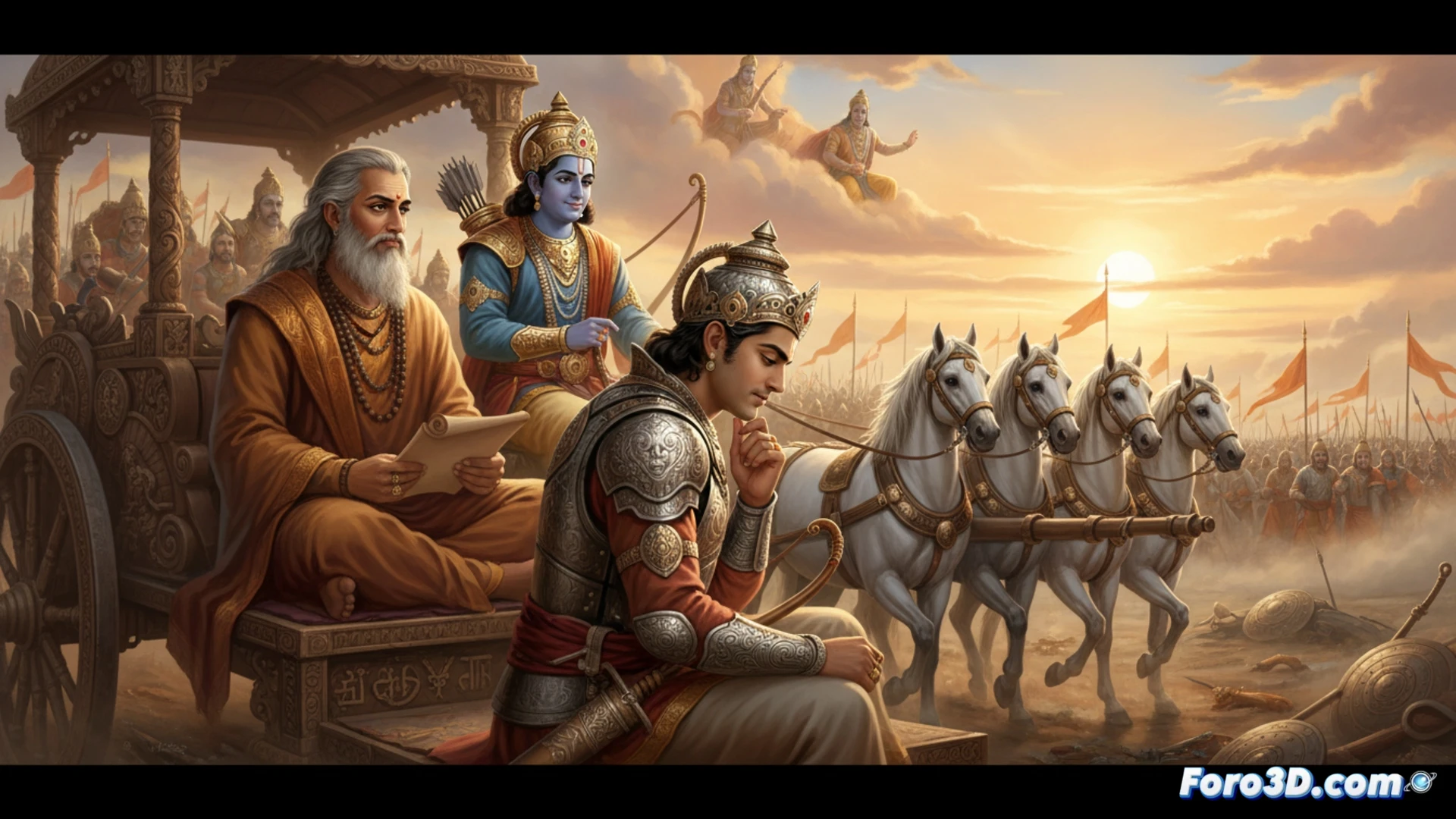 Un avatar de Krishna explica el dharma a Arjuna en un espacio 3D abstracto, con flujos de energia conectando conceptos.