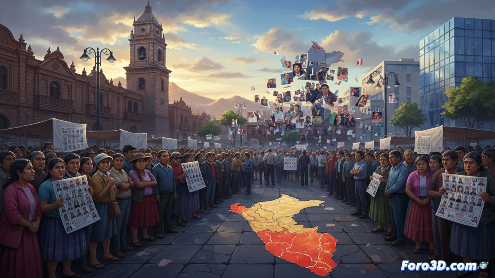 Mapa 3D del Perú mostrando densidad de votantes y fragmentacion de candidatos por regiones en colores intensos.