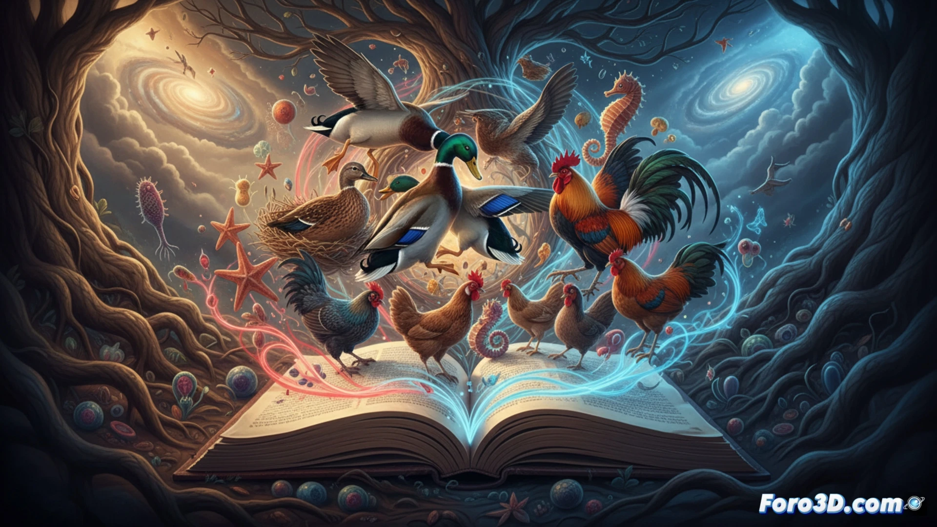 Modelo 3D de gametos y estructuras reproductivas en evolución, mostrando competencia y adaptaciones.