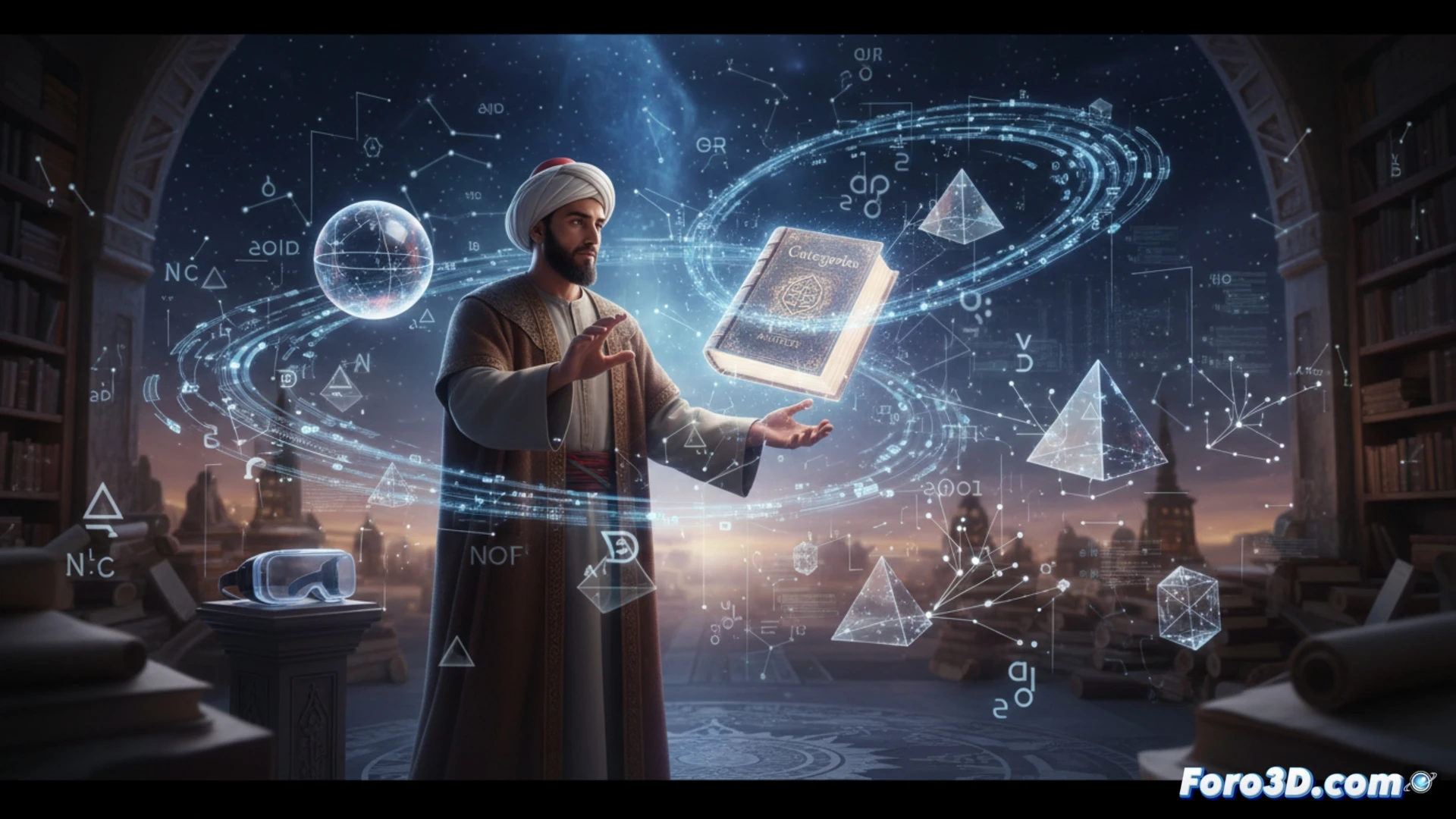 Un diagrama 3D de nodos y conexiones que representa las categorías logicas de Al-Farabi, flotando sobre un manuscrito antiguo.