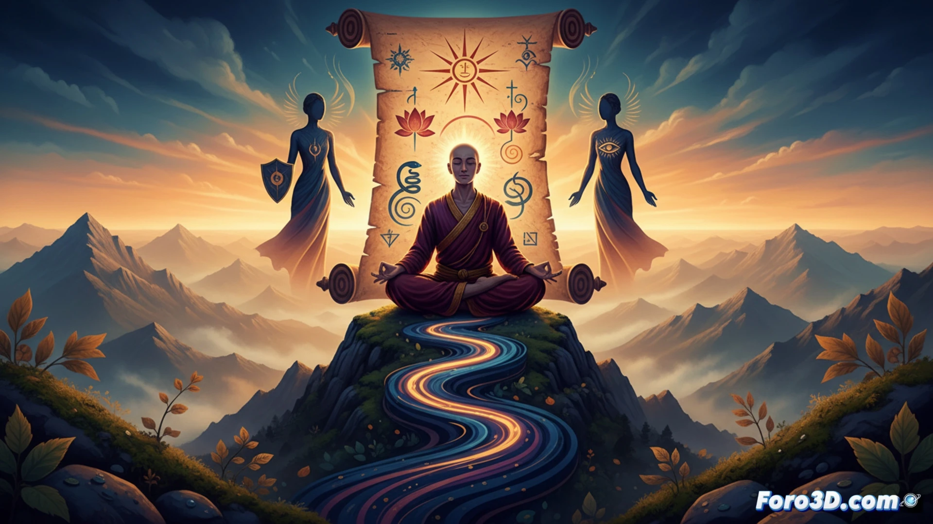 Diagrama 3D interactivo de los ocho miembros del yoga, mostrando un camino desde la base hasta la cima luminosa.