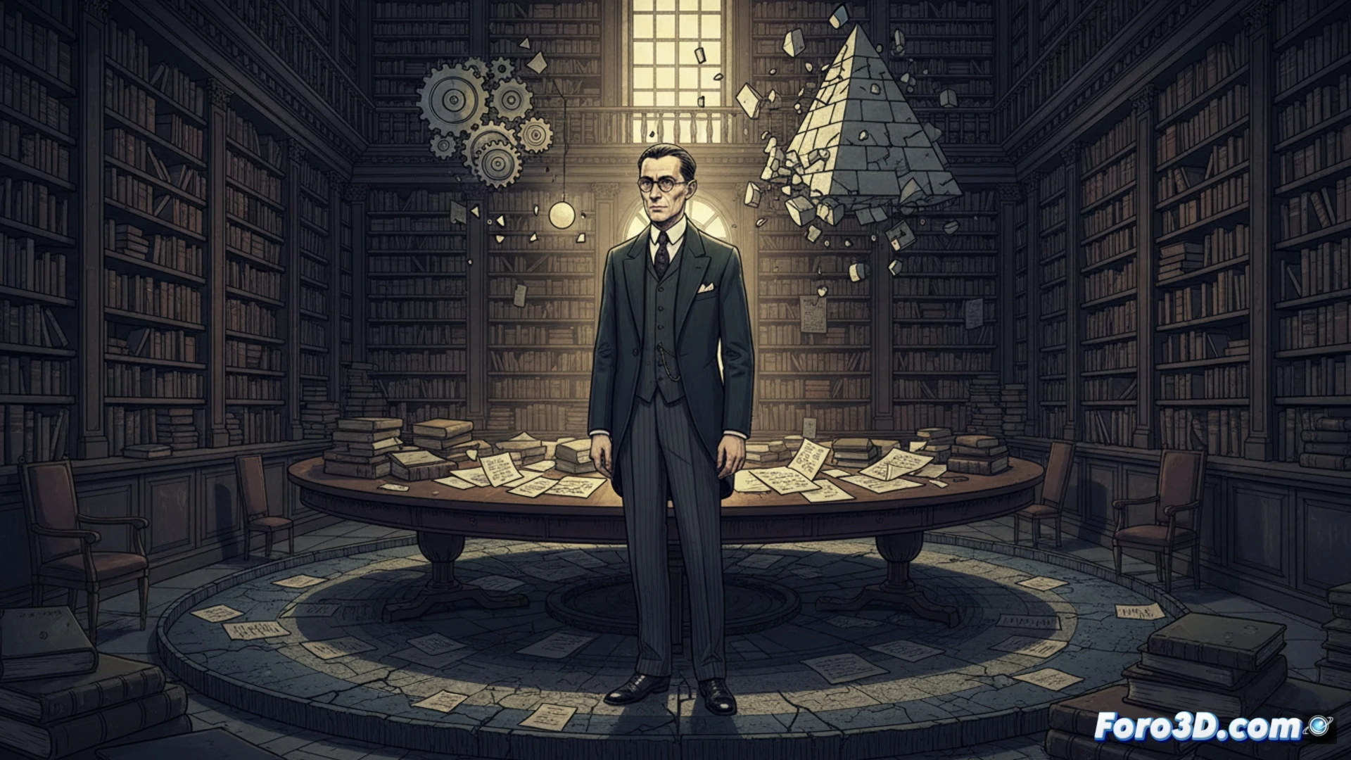 Representación abstracta 3D de un sistema lógico que se autorreferencia y se curva, mostrando una proposición verdadera pero indemostrable en su interior.