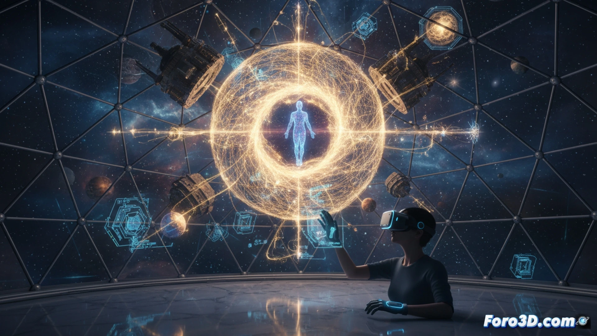 Un mandala geometrico 3D se transforma de lo individual a lo universal, representando la conexion entre Atman y Brahman.