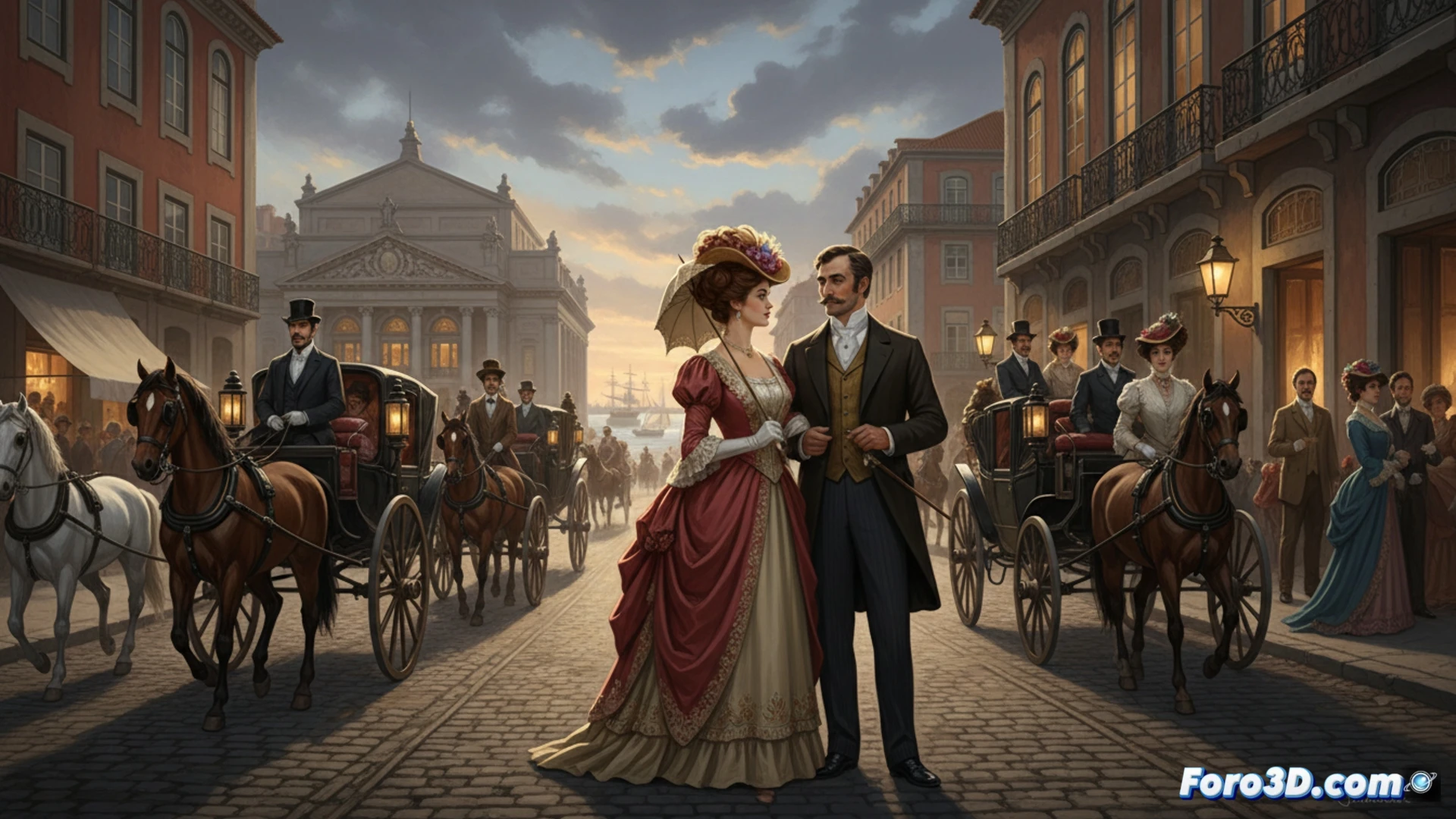 Recreación en 3D de la casa de los Maias en Lisboa, mostrando su arquitectura decadente y jardines del siglo XIX.