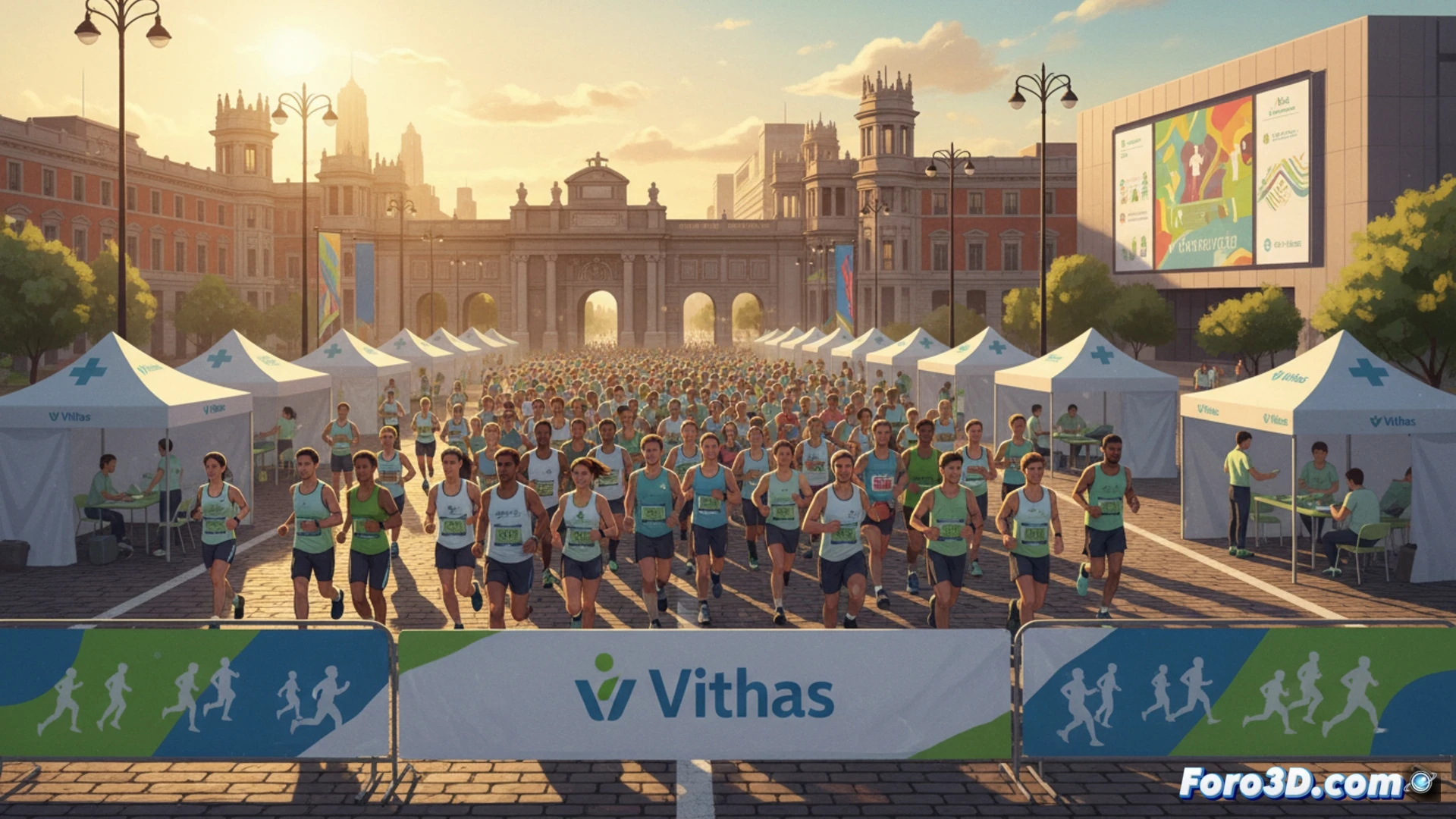 Corredores con dorsales pasan junto a un punto de apoyo de Vithas, con fisioterapeutas y cartel del Rock n Roll Madrid.