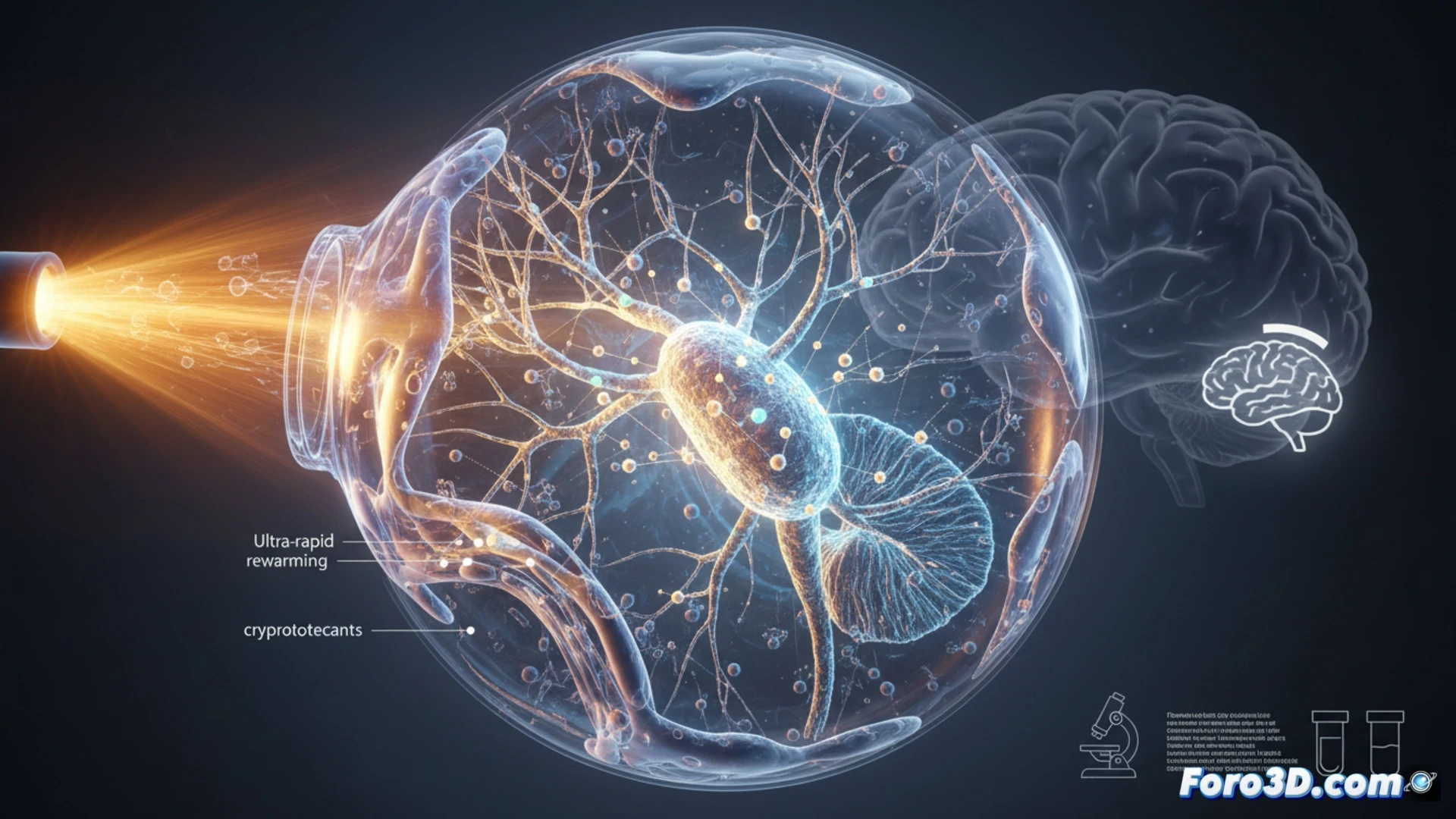 Cerebro vitrificado de ratón, mostrando la preservación microscópica de neuronas y sinapsis para su digitalización 3D.