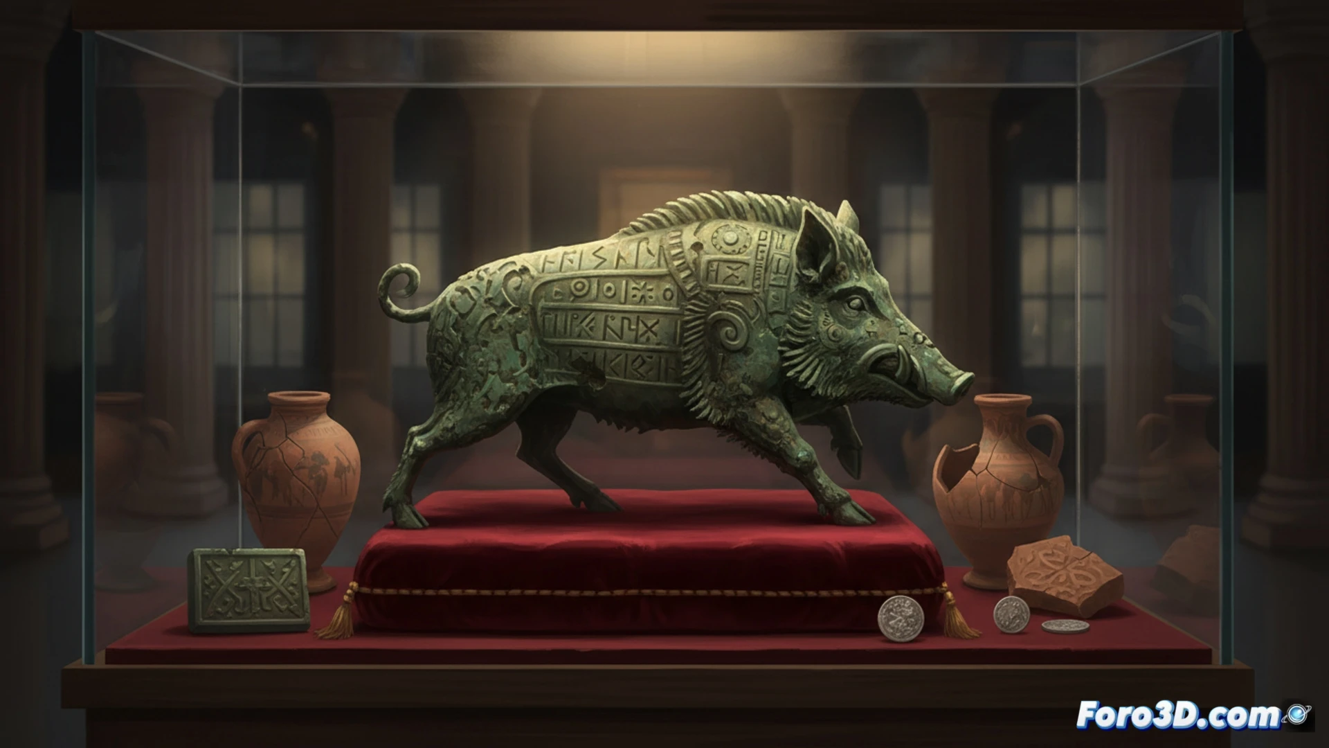 Una vitrina con falsificaciones decimonónicas, expuestas como documentos históricos de la fiebre coleccionista romántica.