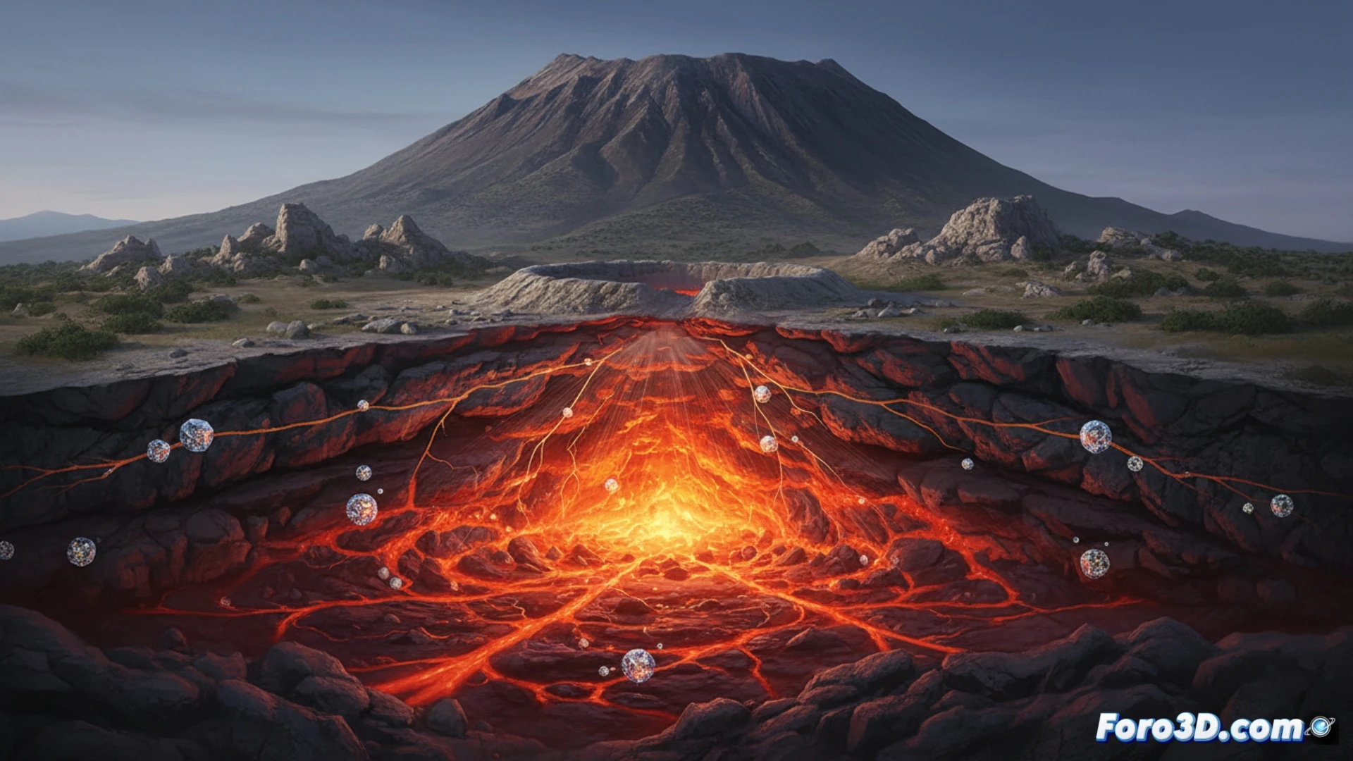 Vista aérea del volcán Methana en Grecia, con humo y magma rojo brillando bajo su superficie rocosa y mar azul.