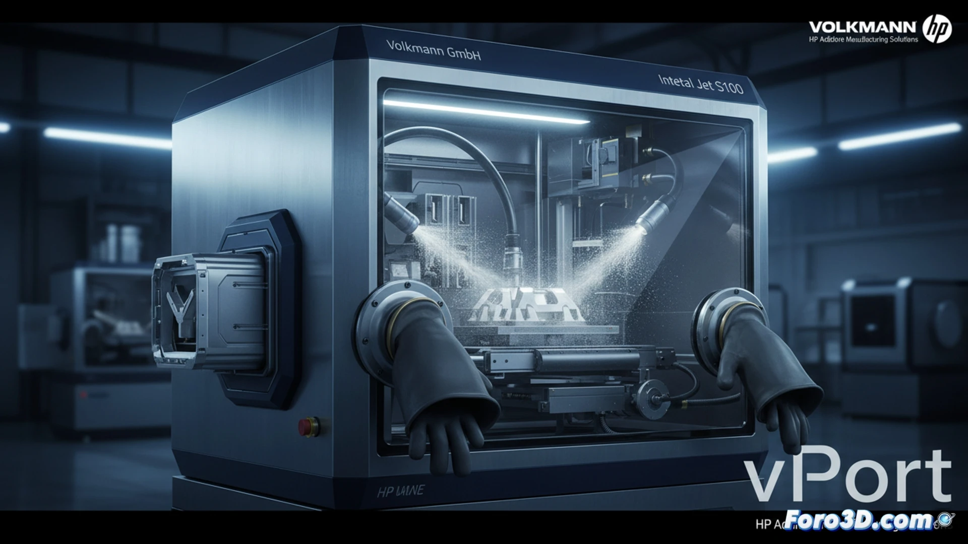 Un operador con guantes maneja polvo metálico en el vPort, sistema cerrado que evita inhalación y manchas.