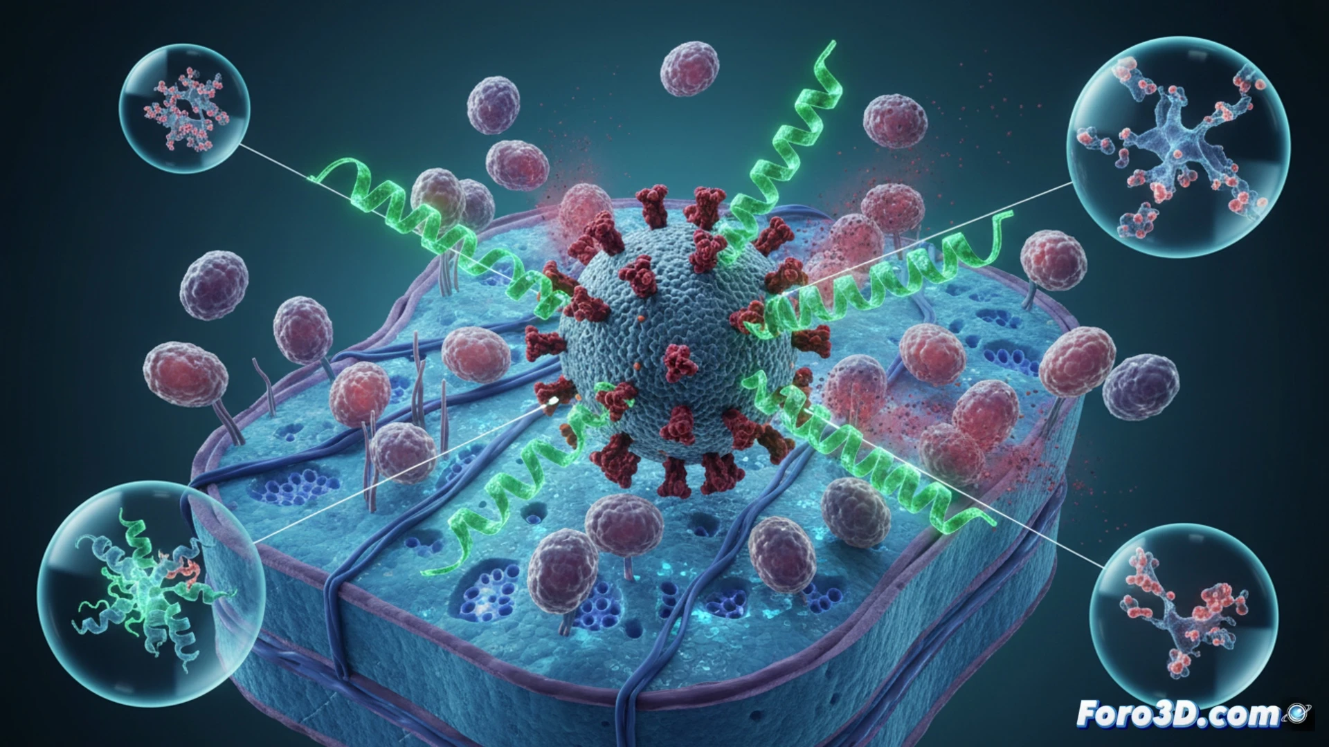 modelo 3D de proteínas antivirales bloqueando células de cáncer de mama en pulmón