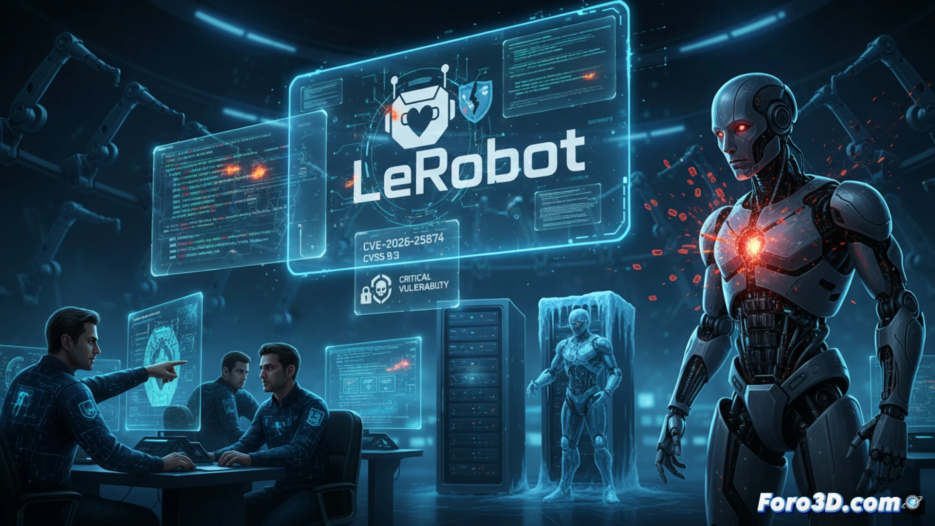 Un robot industrial congelado y ojos rojos brillantes, sobre un fondo de código fuente corrupto y el logo de Hugging Face entre sombras.