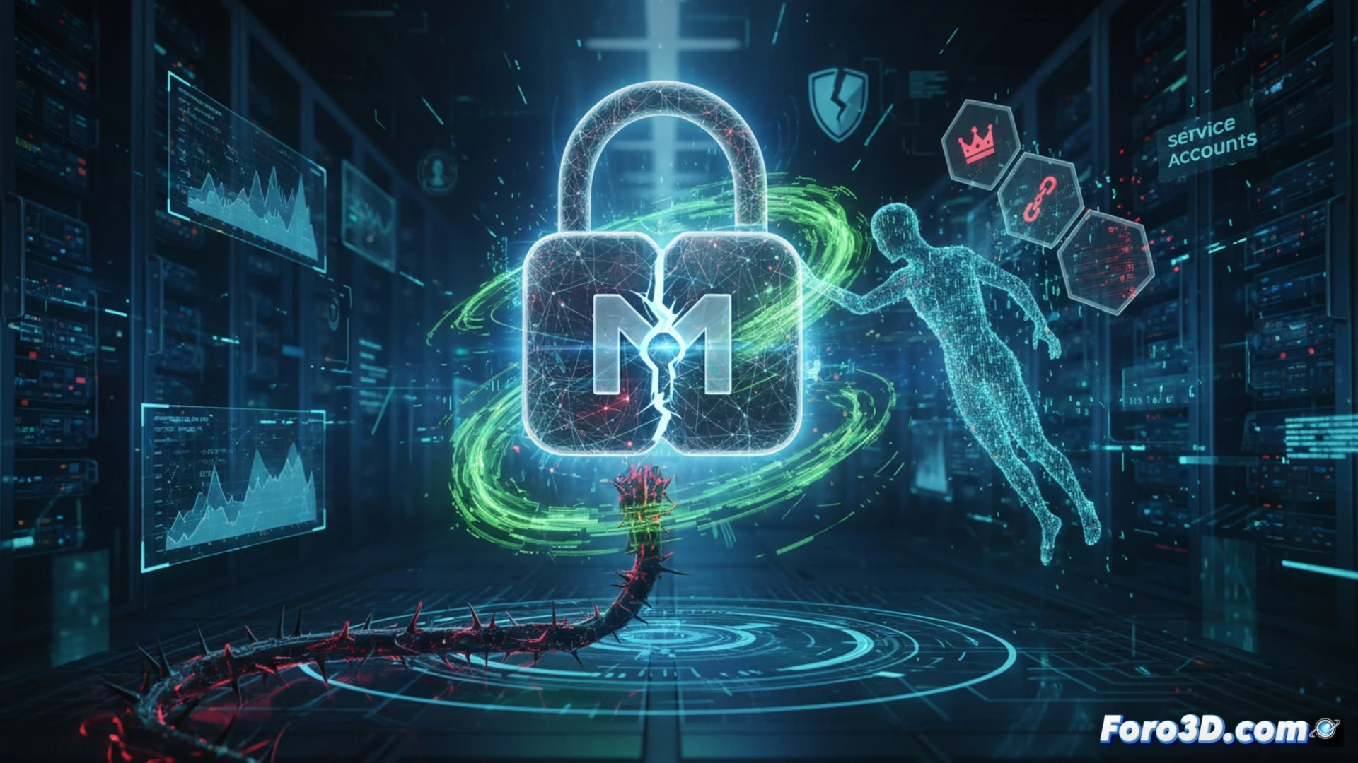 Una ilustración de un escudo digital con grietas, rodeado de engranajes de IA y un ojo cibernético rojo brillante.