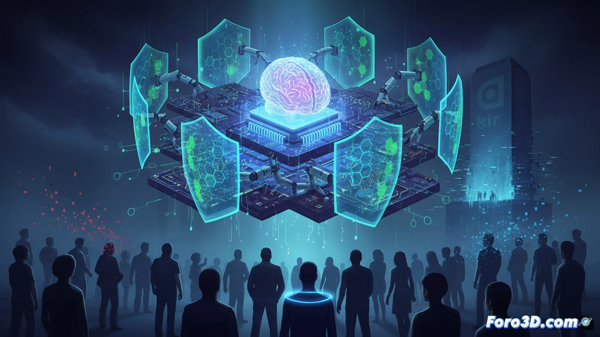 Un ojo digital observando un candado roto, con líneas de código filtrándose en la oscuridad.