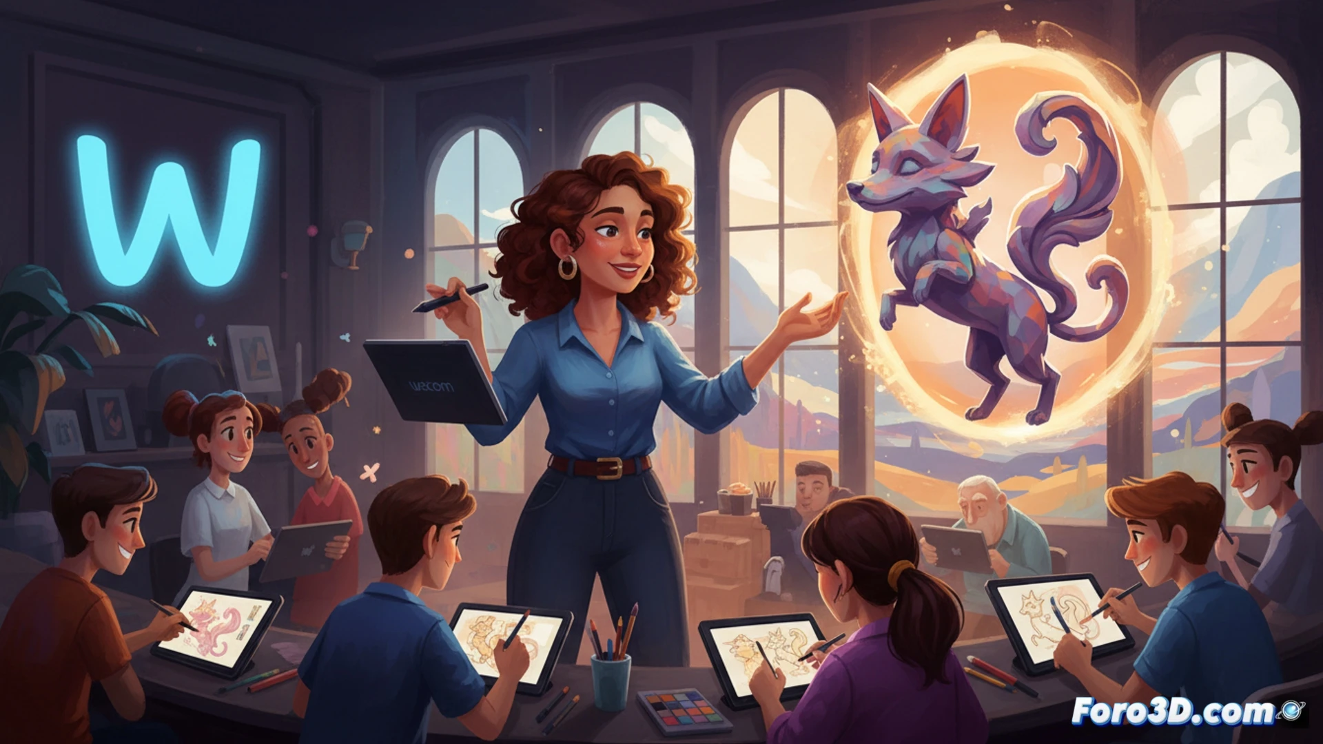 Una artista enseña Blender en una pantalla Wacom, con modelos 3D coloridos y bocetos 2D en un entorno creativo y digital.