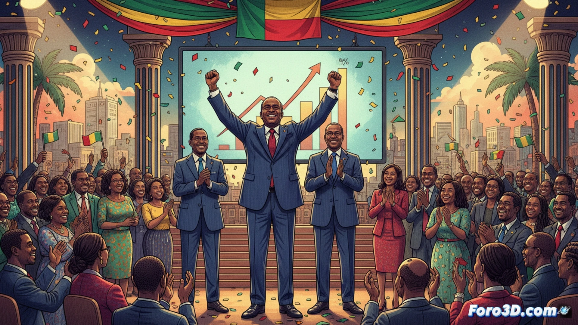 Retrato oficial de Wadagni, con la bandera de Benín y gráficos de crecimiento económico de fondo.