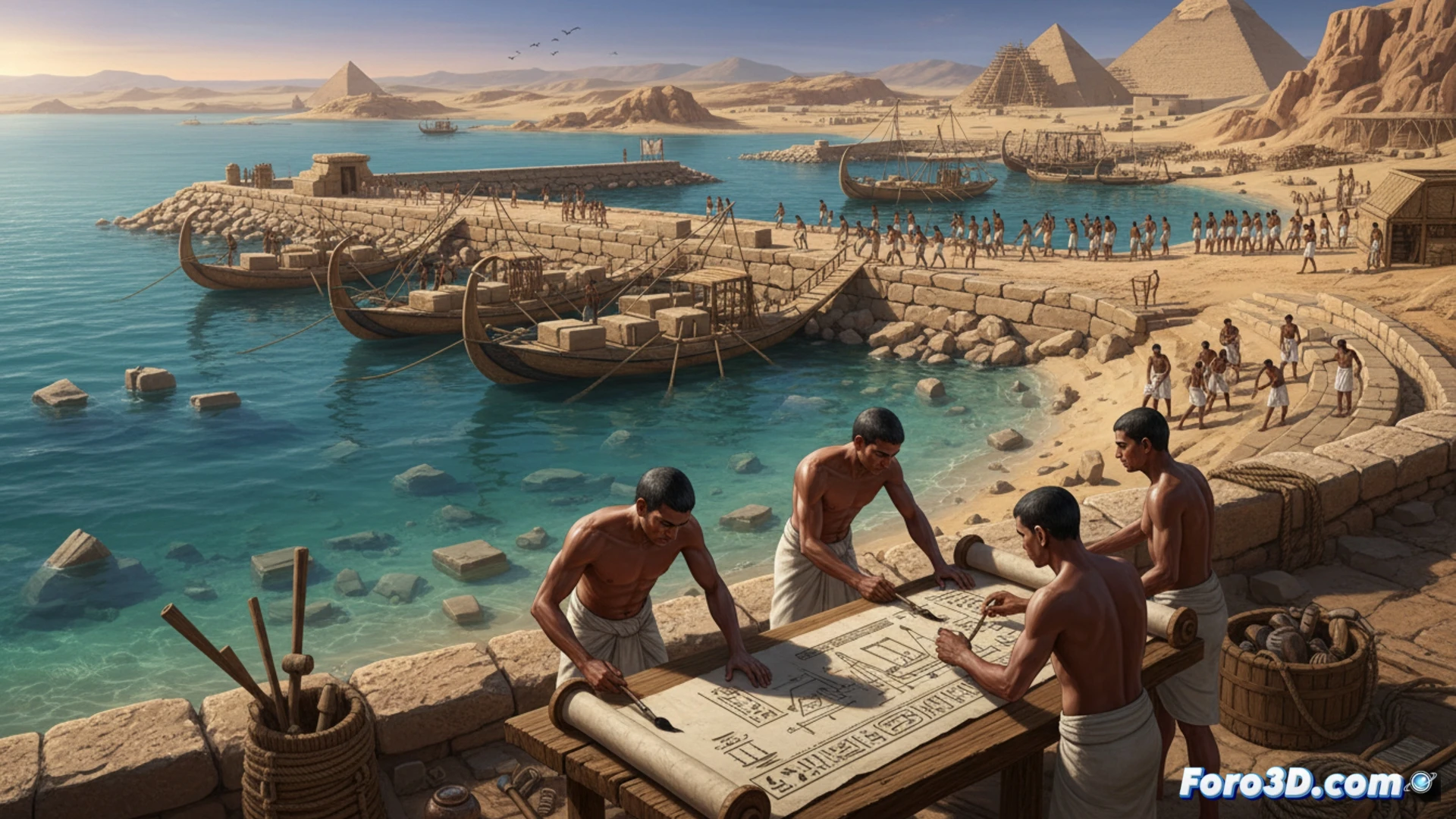 Un antiguo puerto egipcio con rollos de papiro que narran la construcción de la Gran Pirámide.