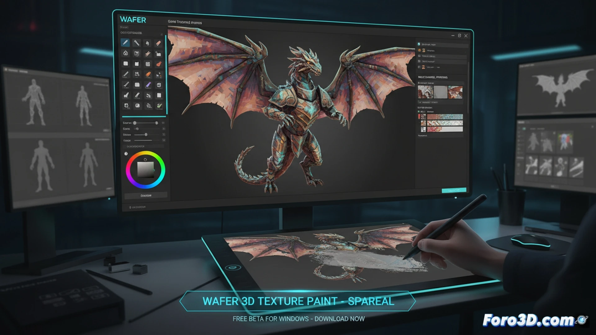 Una interfaz de Wafer en Windows, mostrando un modelo 3D de un personaje estilizado siendo texturizado con colores vibrantes y pinceladas visibles.