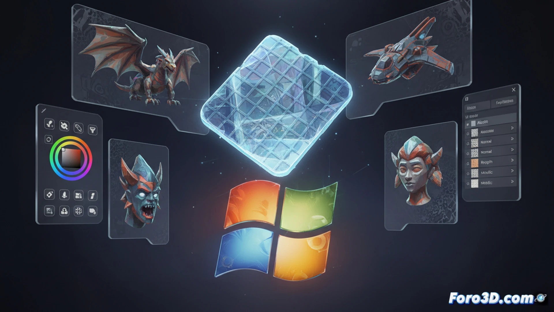 Una interfaz de Wafer en Windows muestra un modelo 3D estilizado pintado con texturas vibrantes, pinceles y capas visibles en la barra de herramientas.