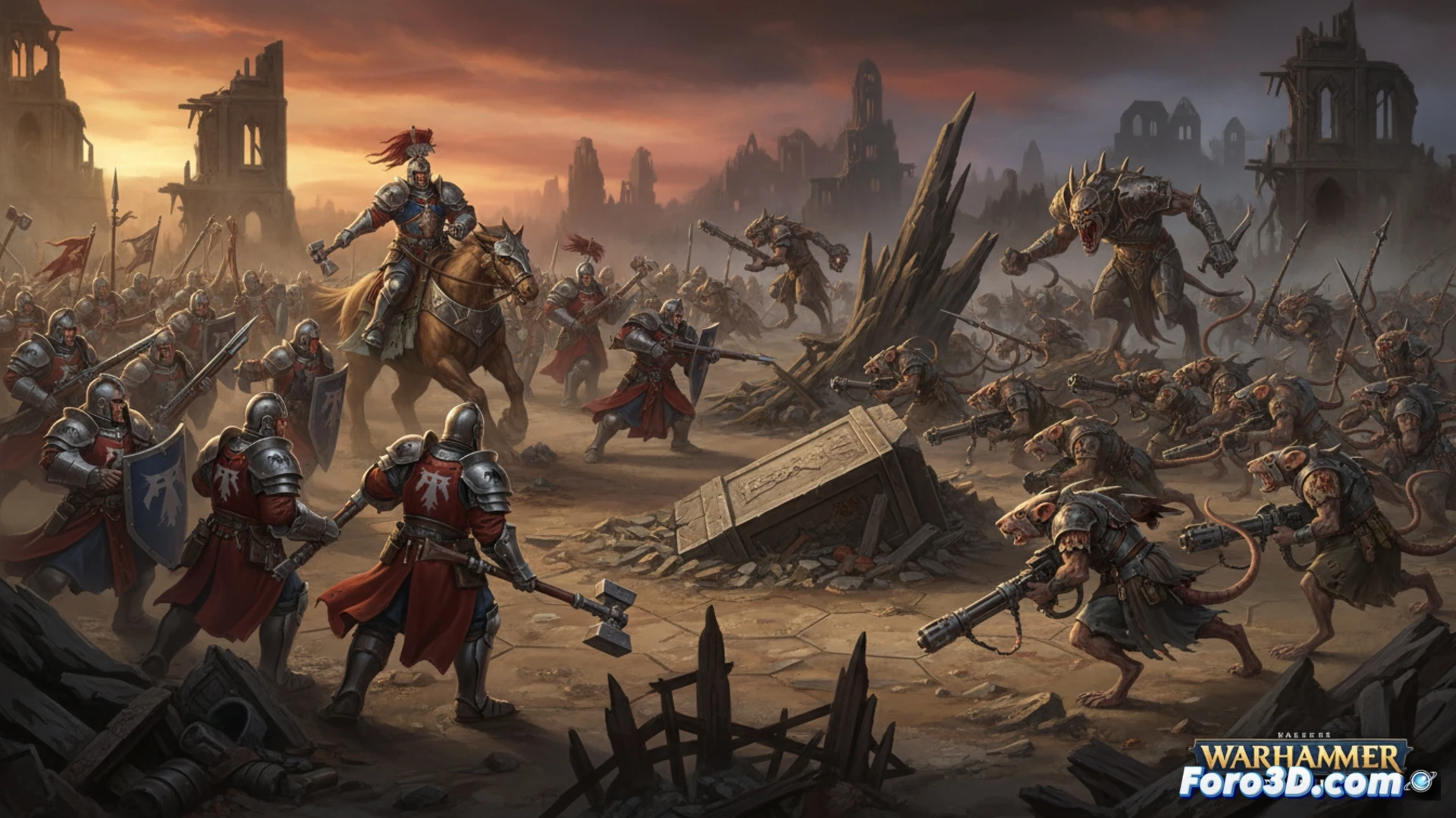 Una caja de inicio de Warhammer Spearhead con los ejércitos de Ciudades de Sigmar y Skaven listos para jugar sobre un tablero de terreno urbano.