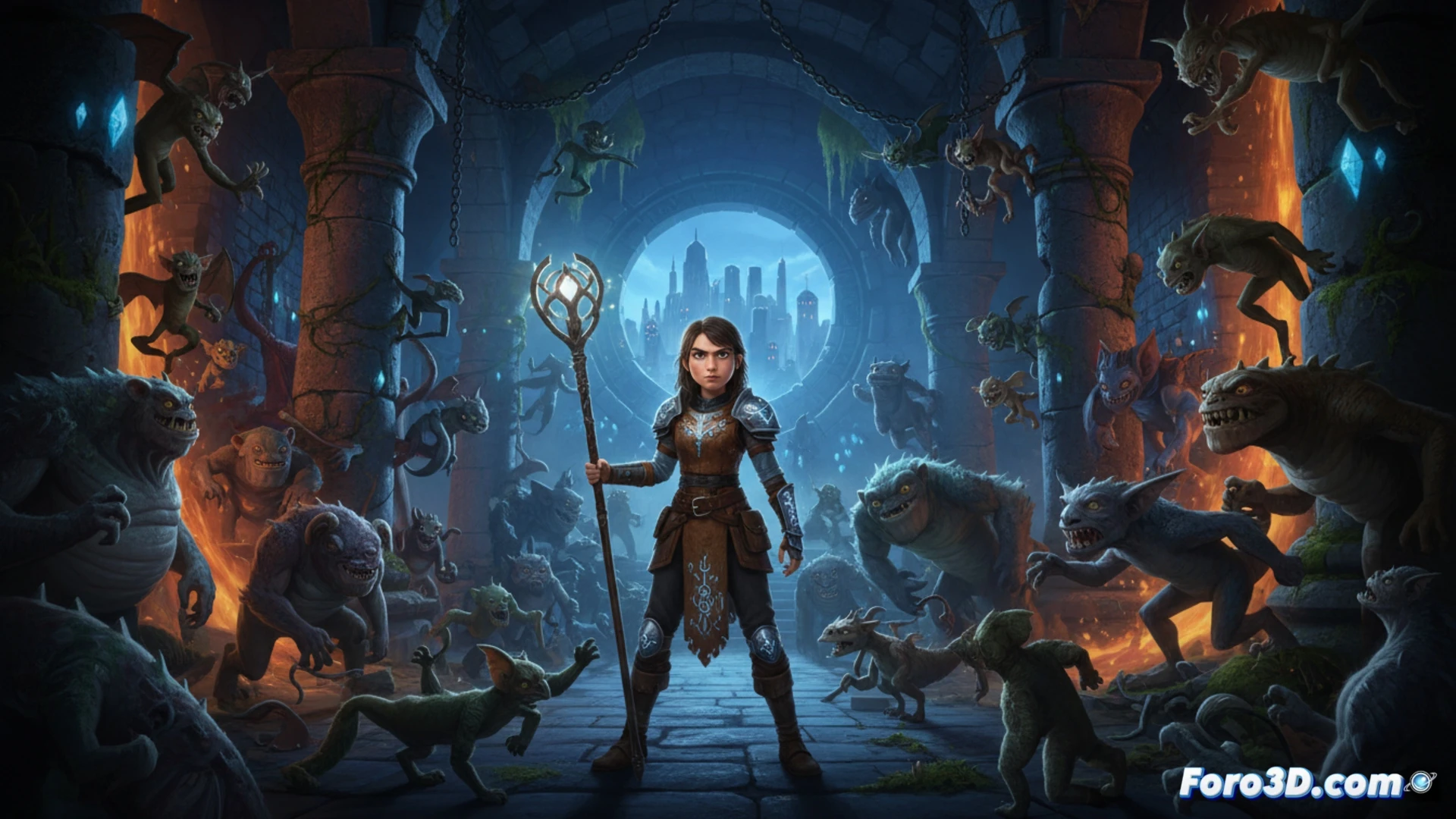 Una joven Thisby Thestoop supervisa una mazmorra masiva llena de criaturas fantásticas y caos.