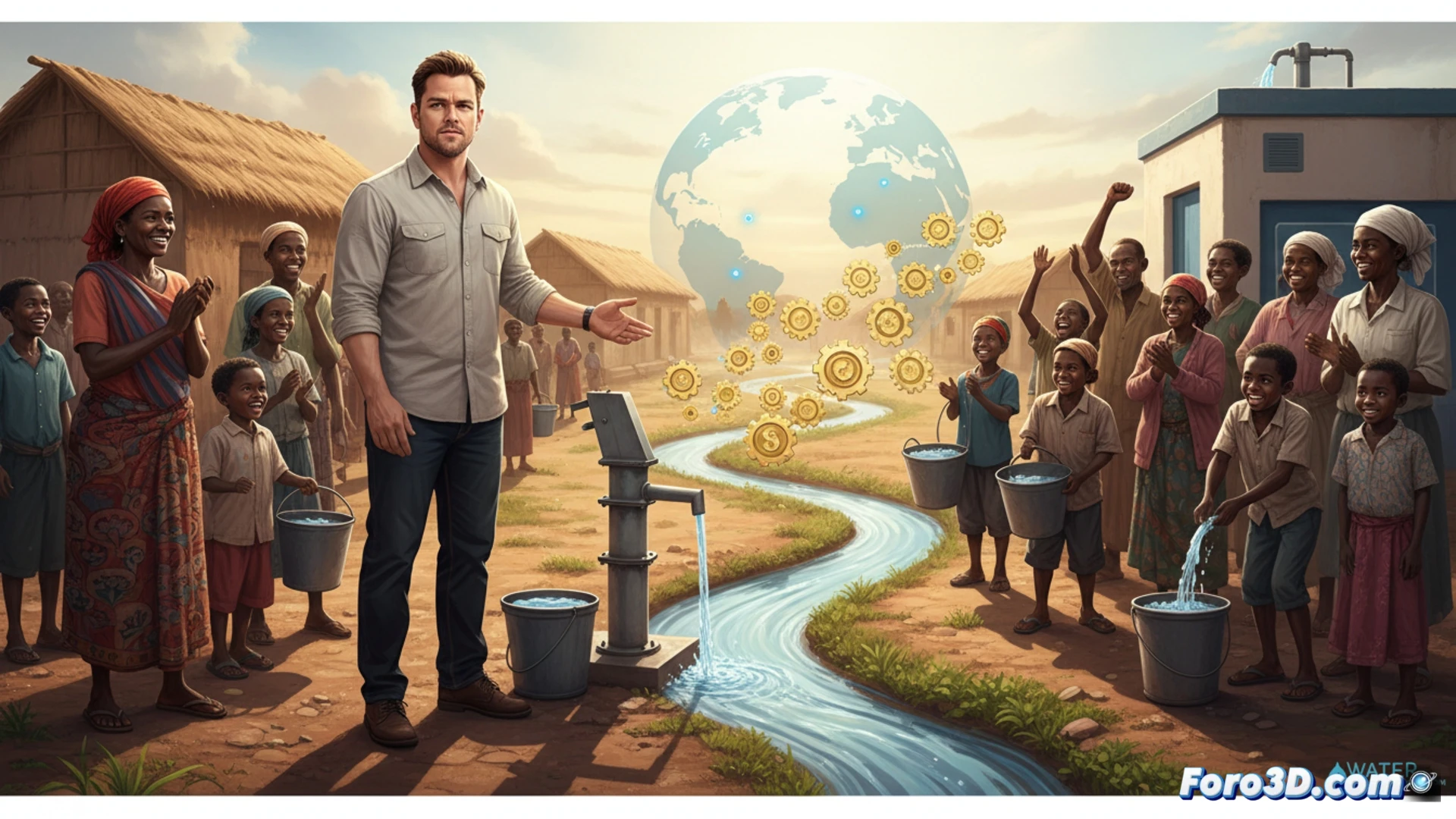 Una mujer sonríe junto a un pozo de agua limpia, símbolo de acceso logrado mediante un pequeño préstamo.